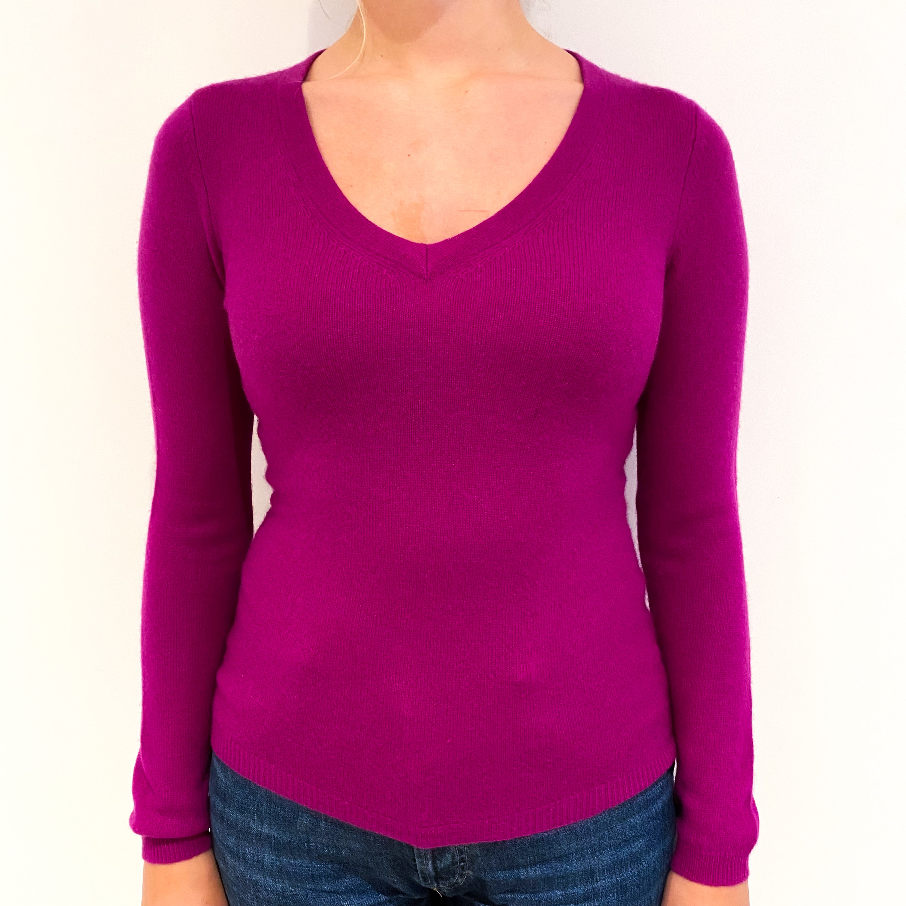 Magenta Pink Cashmere V-Neck Jumper Small