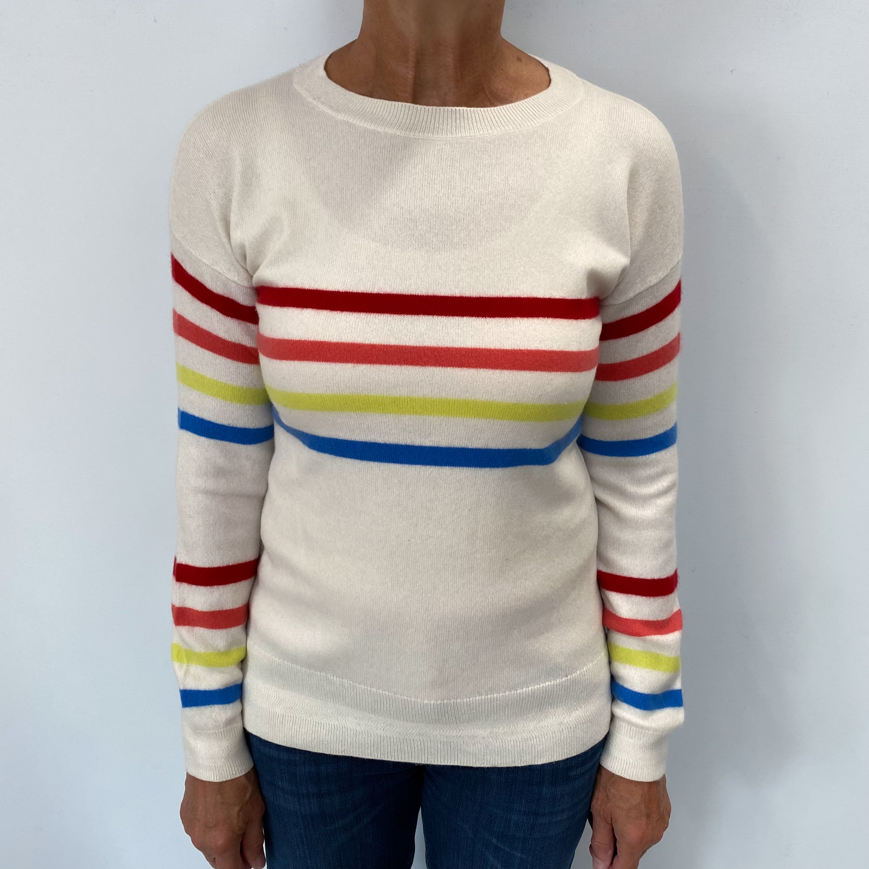 Cream Stripe Cashmere Crew Neck Jumper Medium