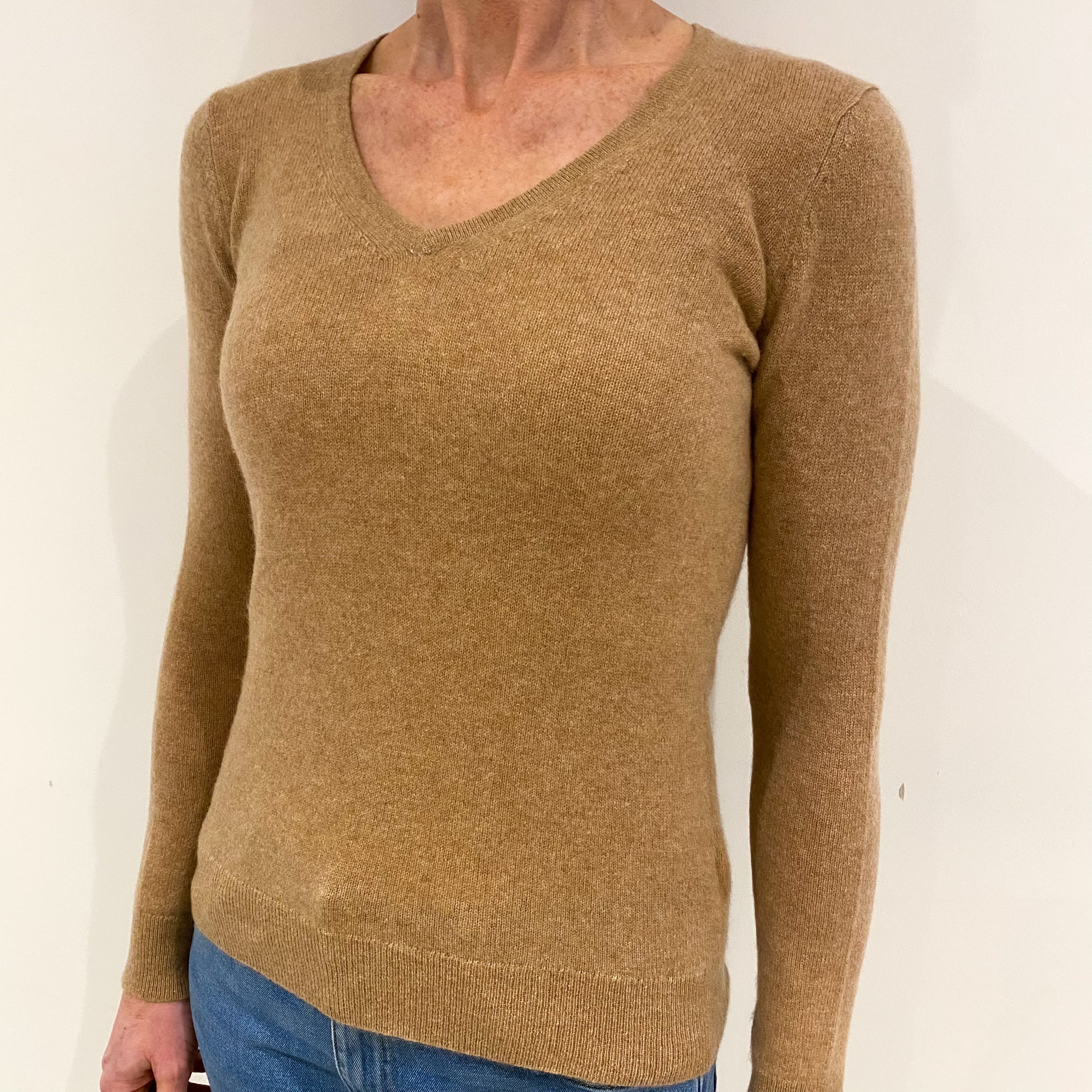 Caramel Brown Cashmere V Neck Jumper Small