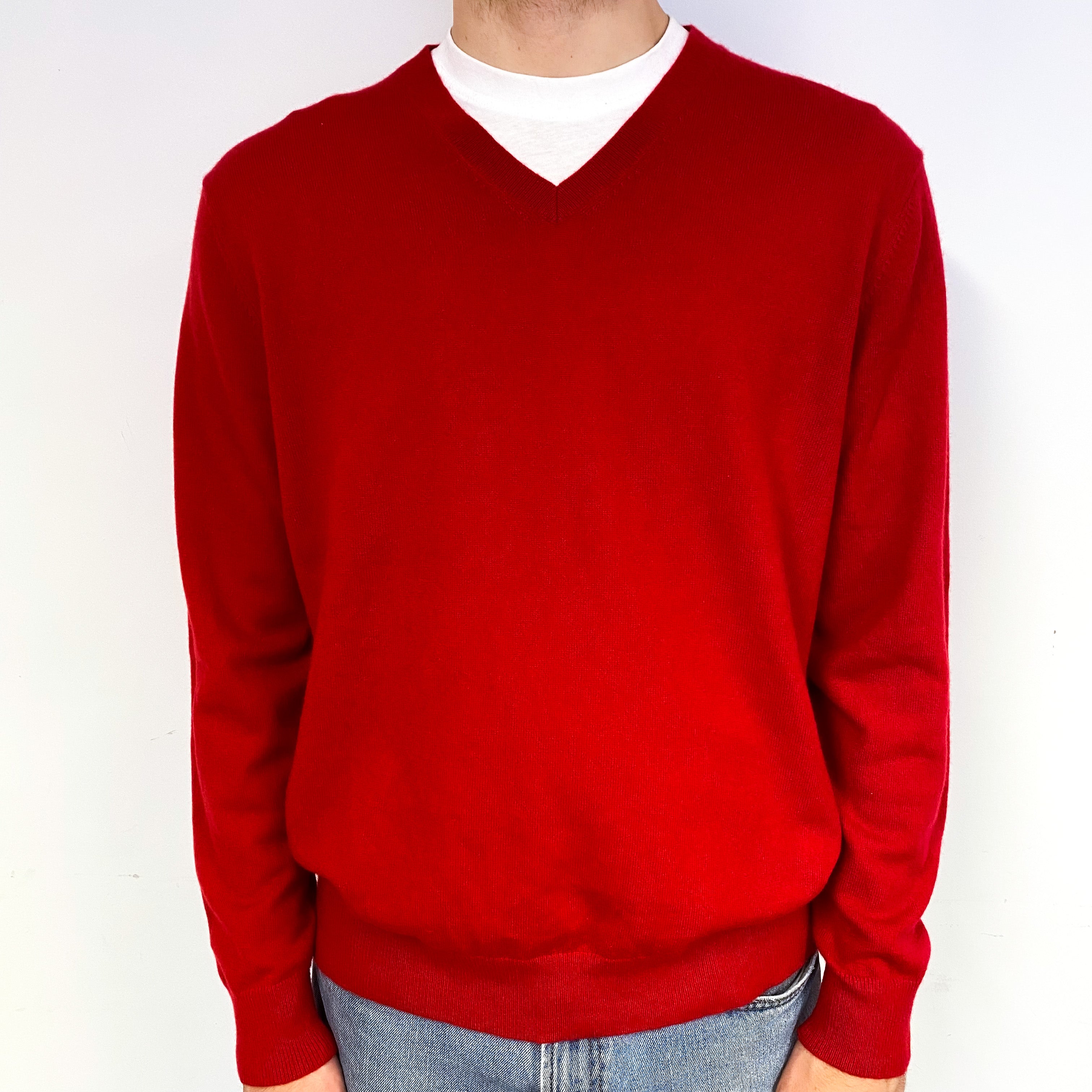 Men's Berry Red Cashmere V-Neck Jumper Large