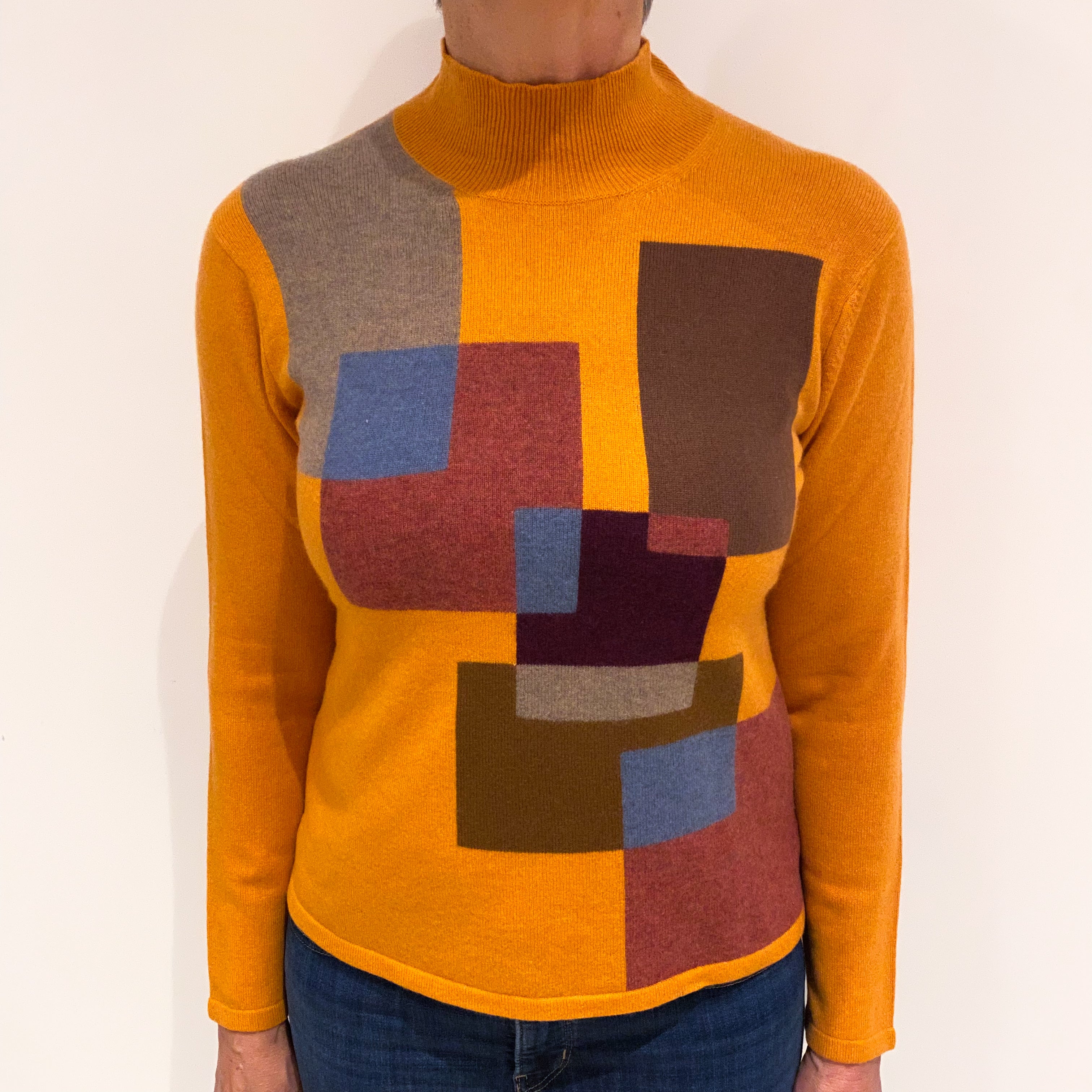 Orange Abstract Colour Block Cashmere Turtle Neck Jumper Medium