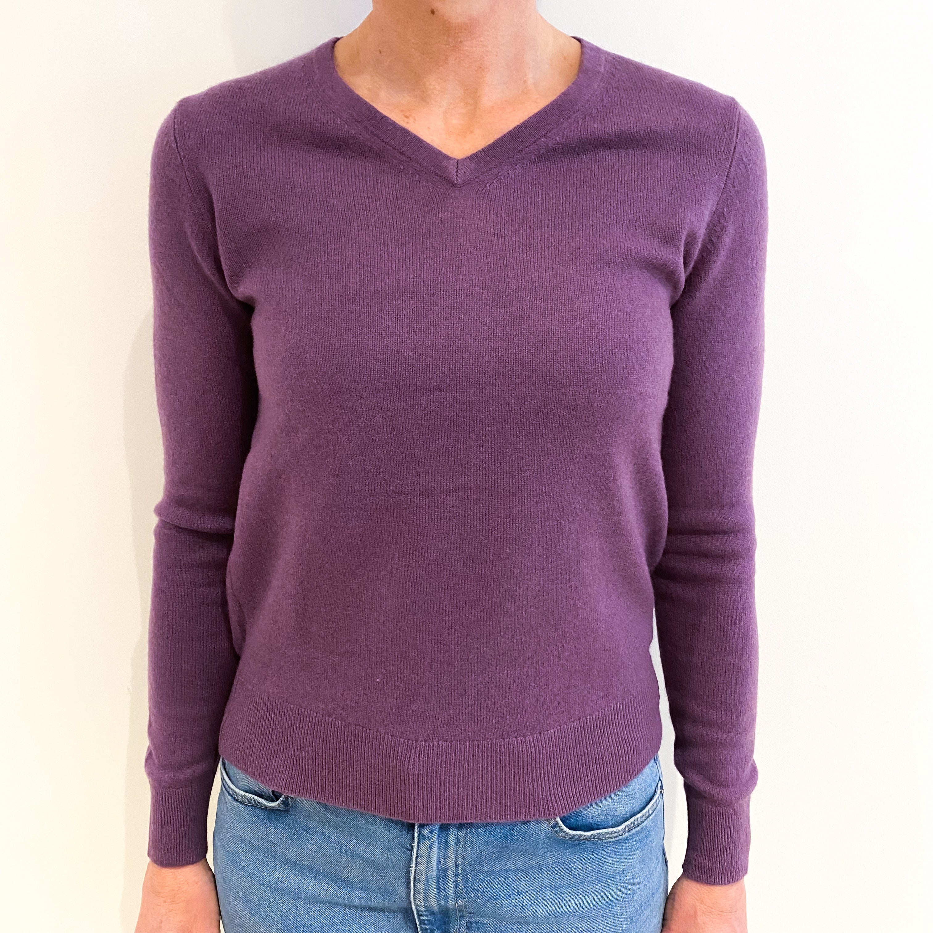 Heather Purple Cashmere V Neck Jumper Small