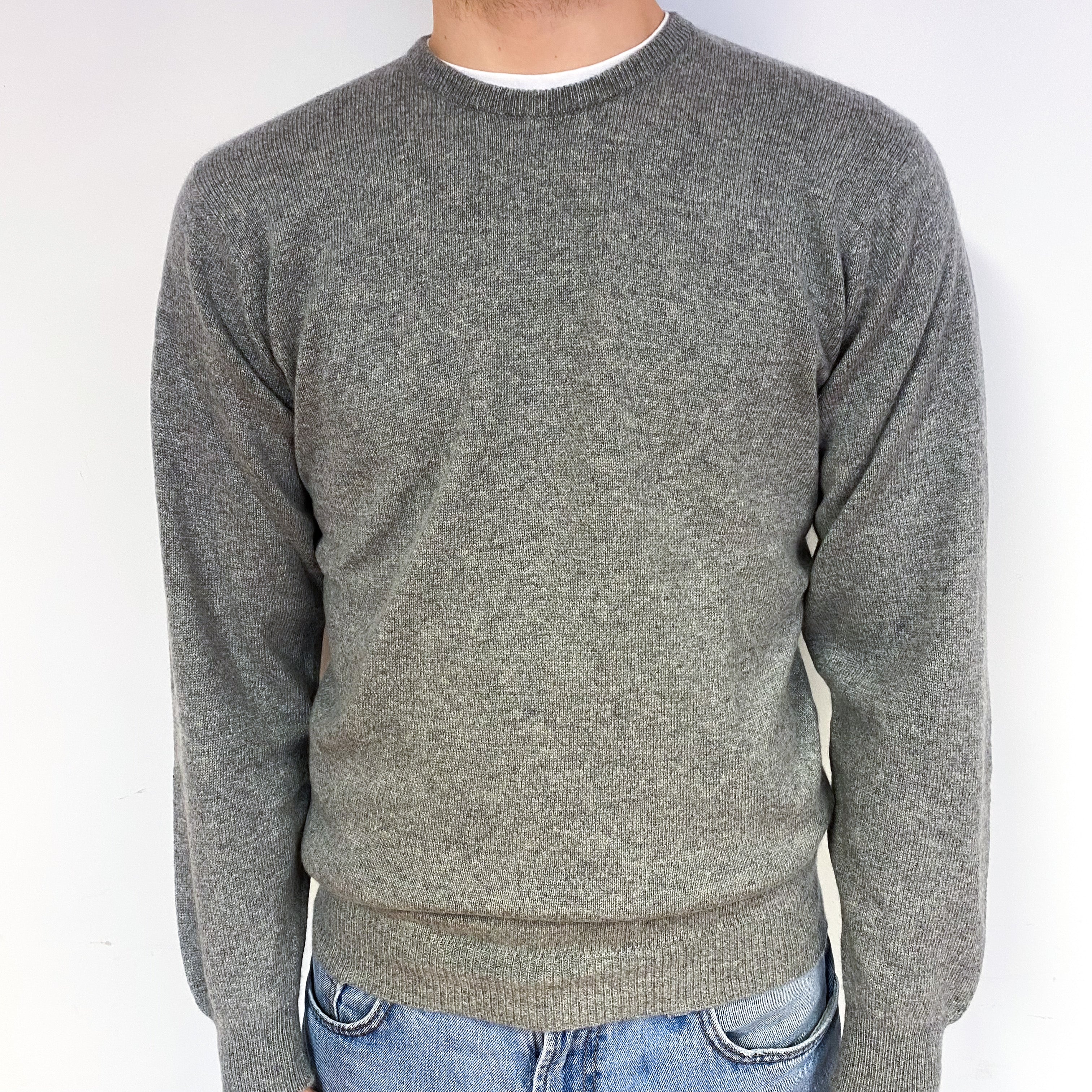 Men's Scottish Ash Grey Cashmere Crew Neck Jumper Medium