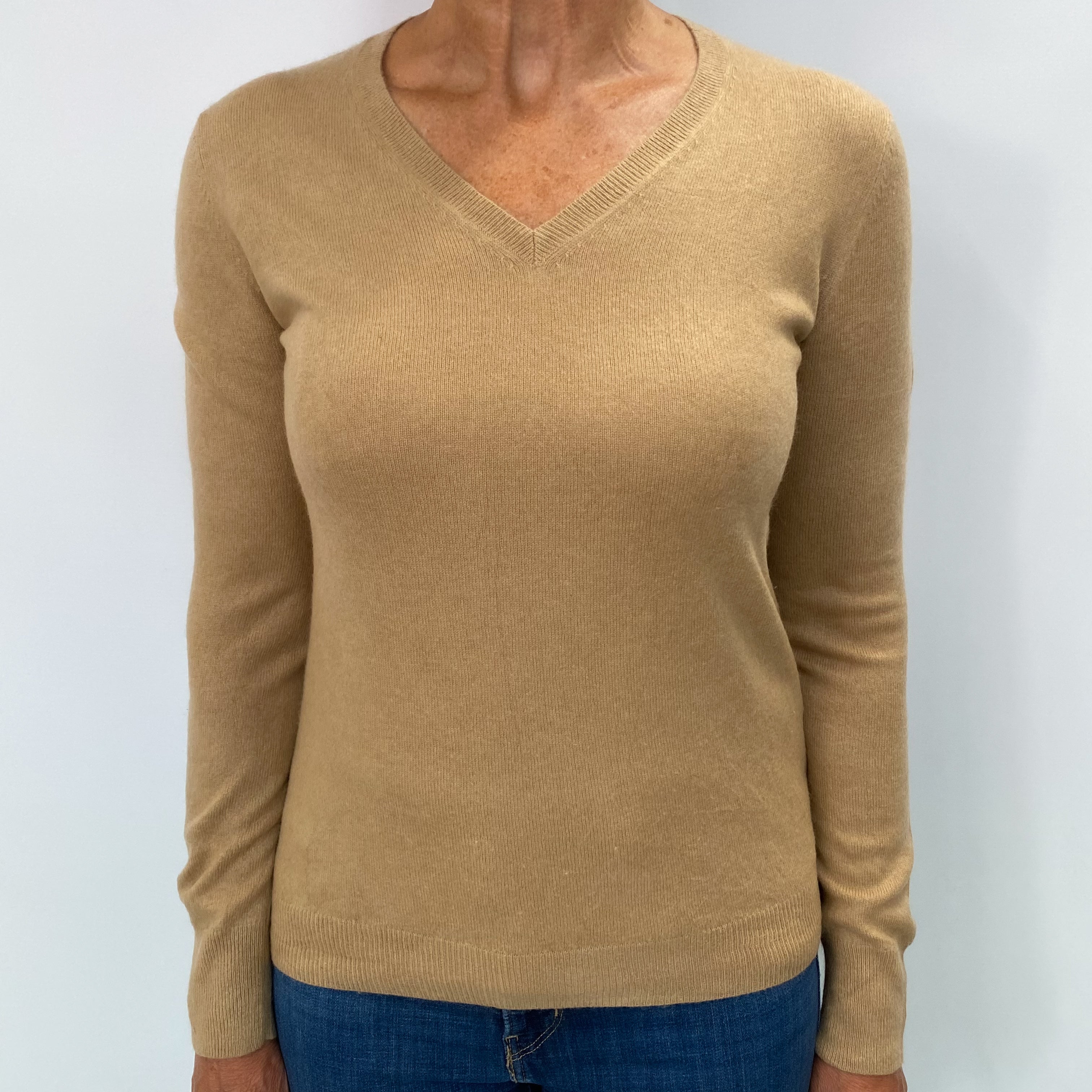 Caramel Brown Cashmere V Neck Jumper Medium