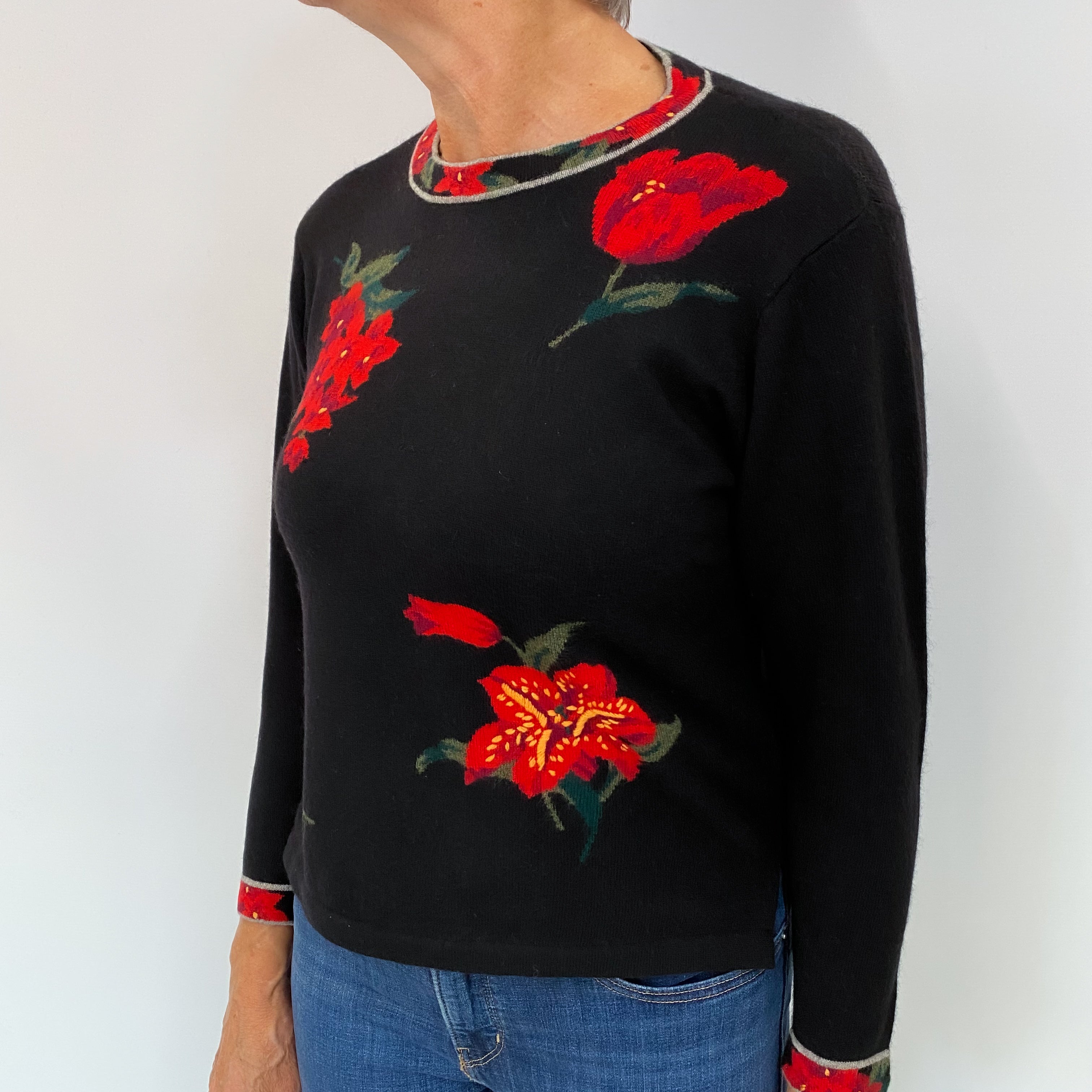 Black Floral Cashmere Crew Neck Jumper Medium