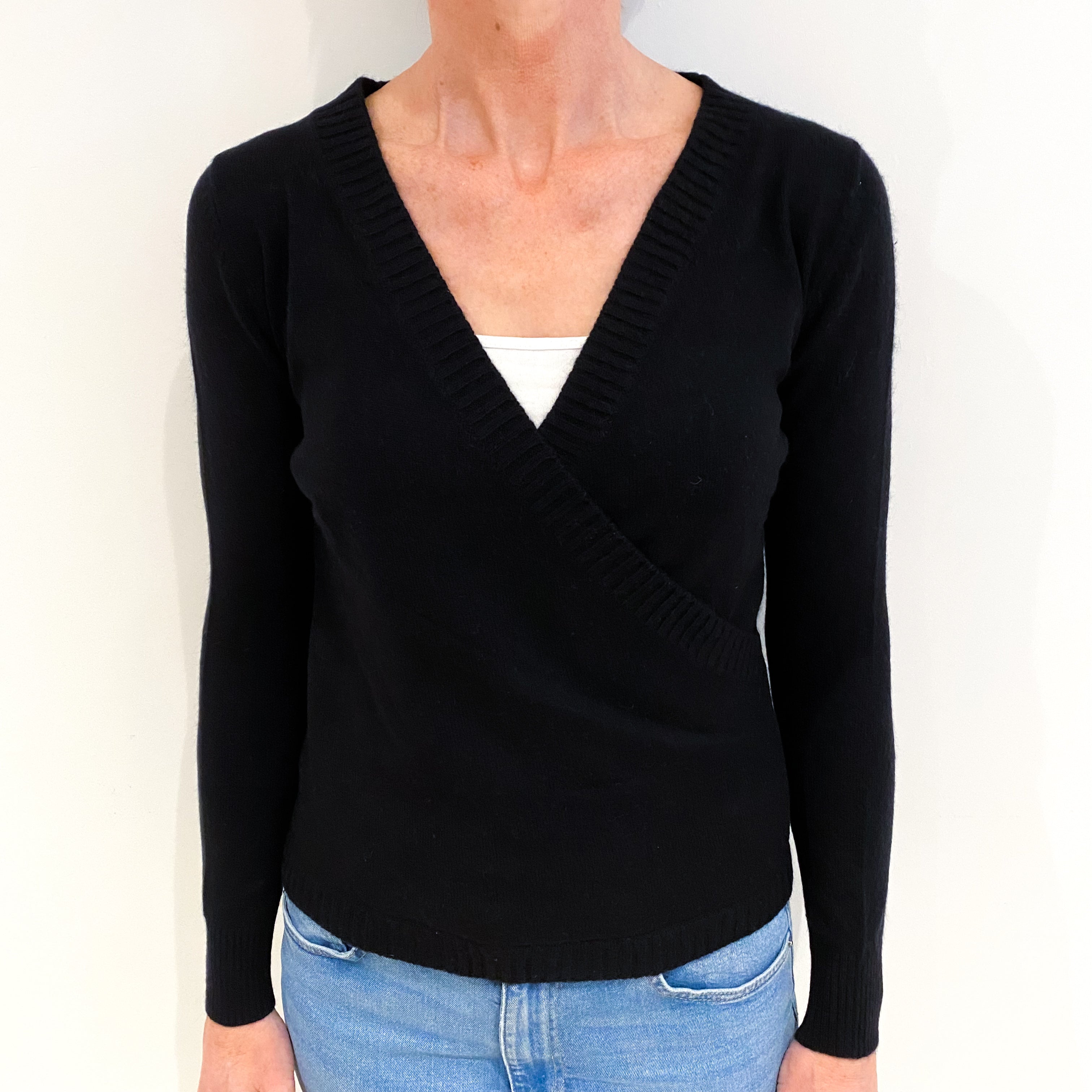 Black Cashmere Cross Over V Neck Jumper Small