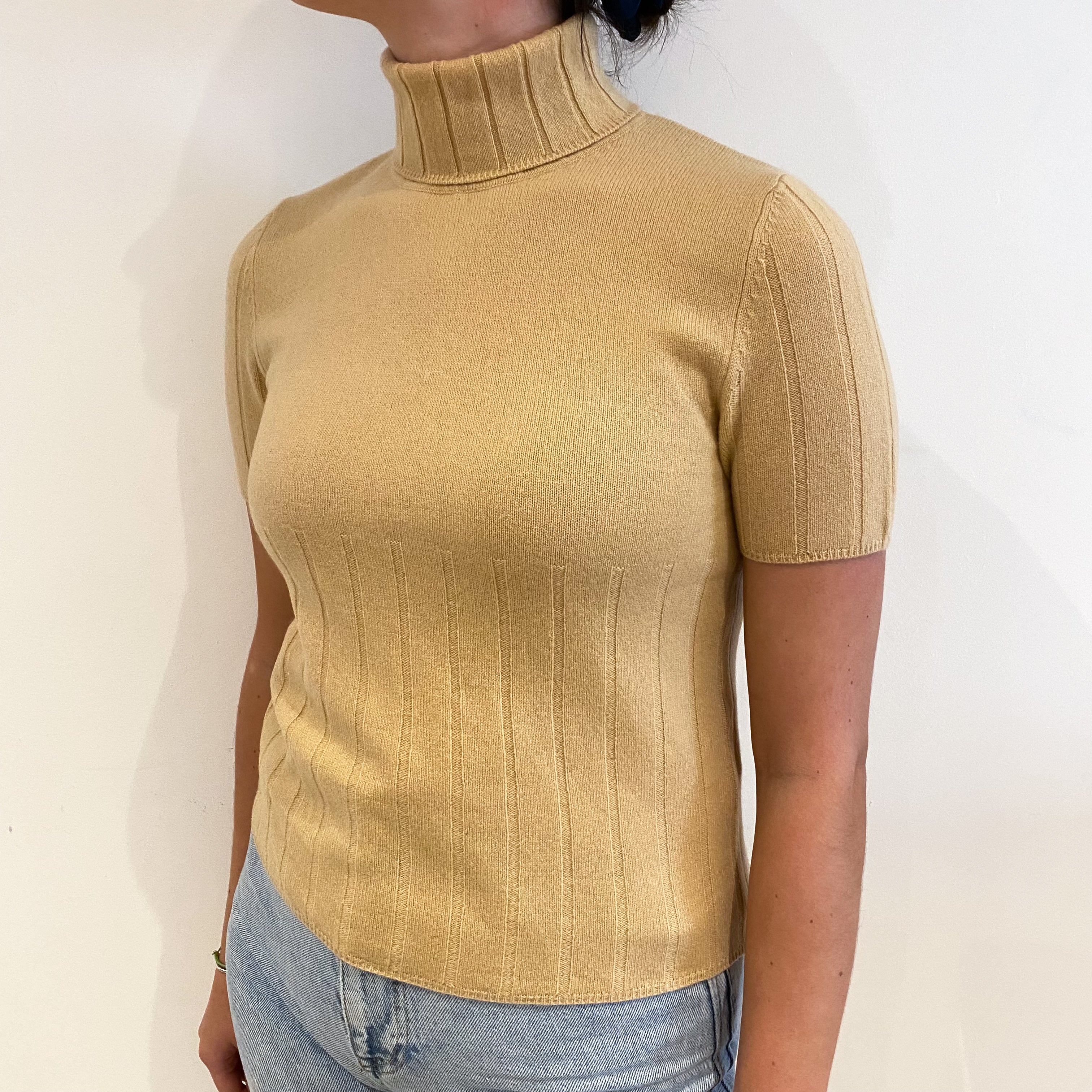 Caramel Brown Cashmere Polo Neck Short Sleeved Ribbed Jumper Small