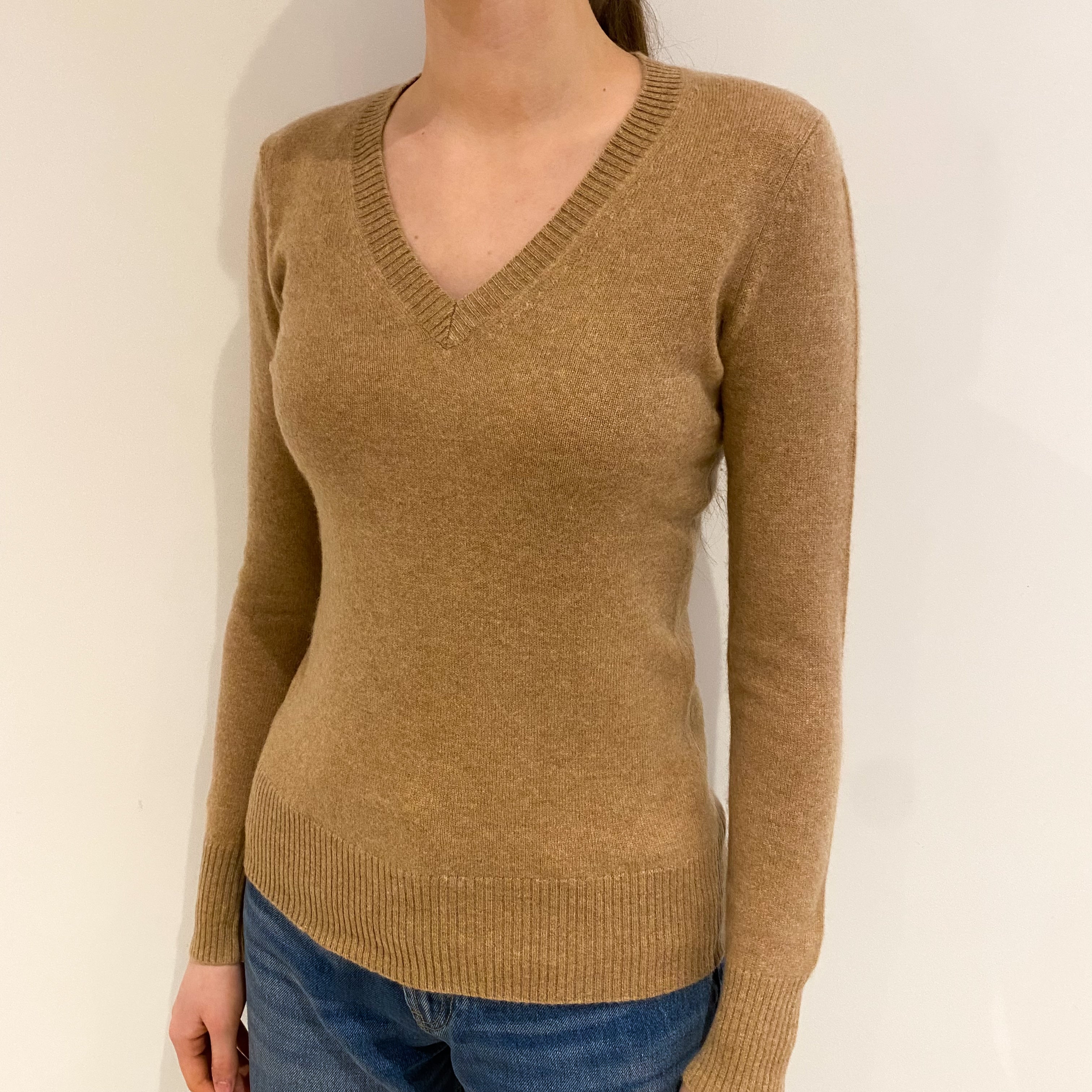 Caramel Brown Cashmere V Neck Jumper Extra Small