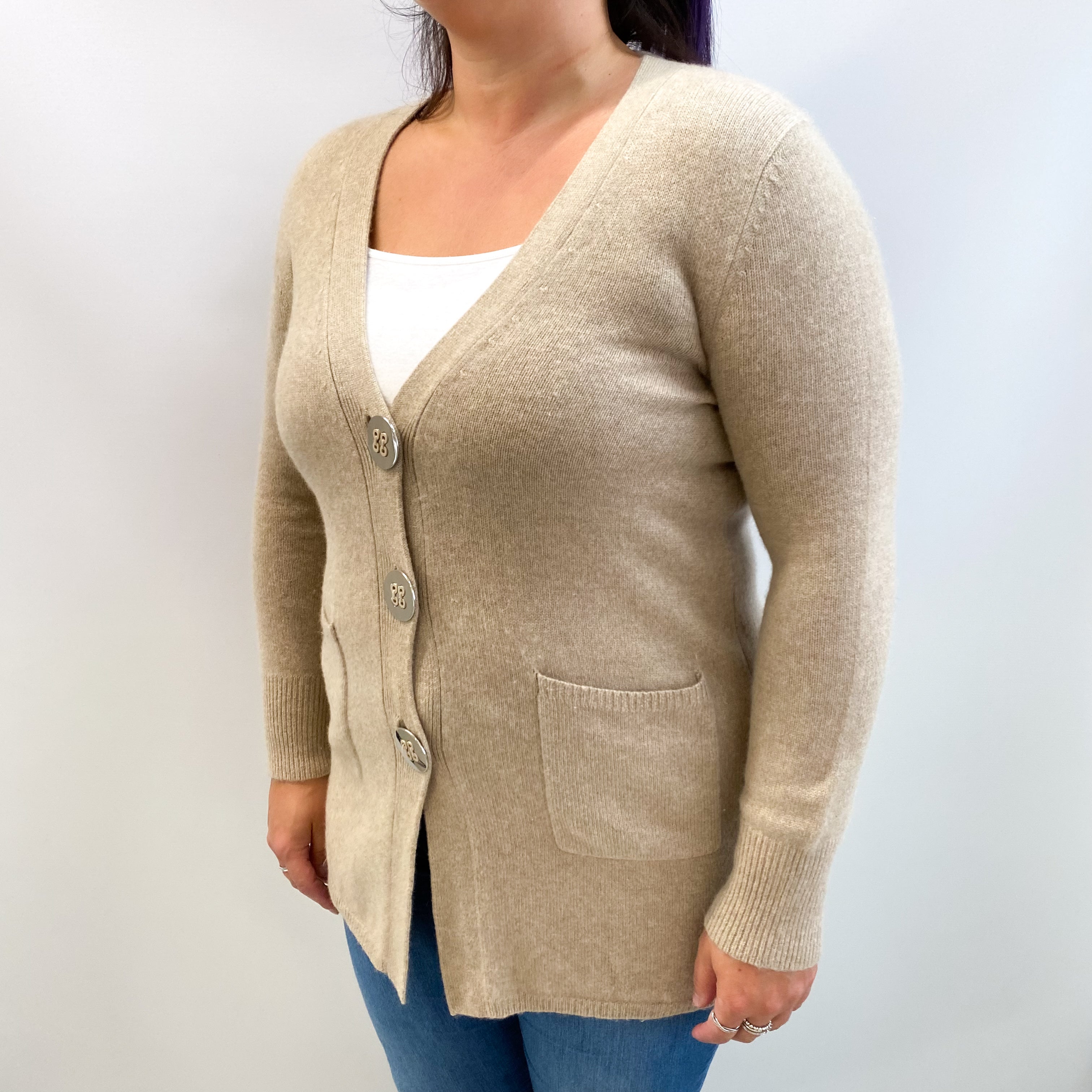 Fawn Beige Cashmere V Neck Cardigan Large