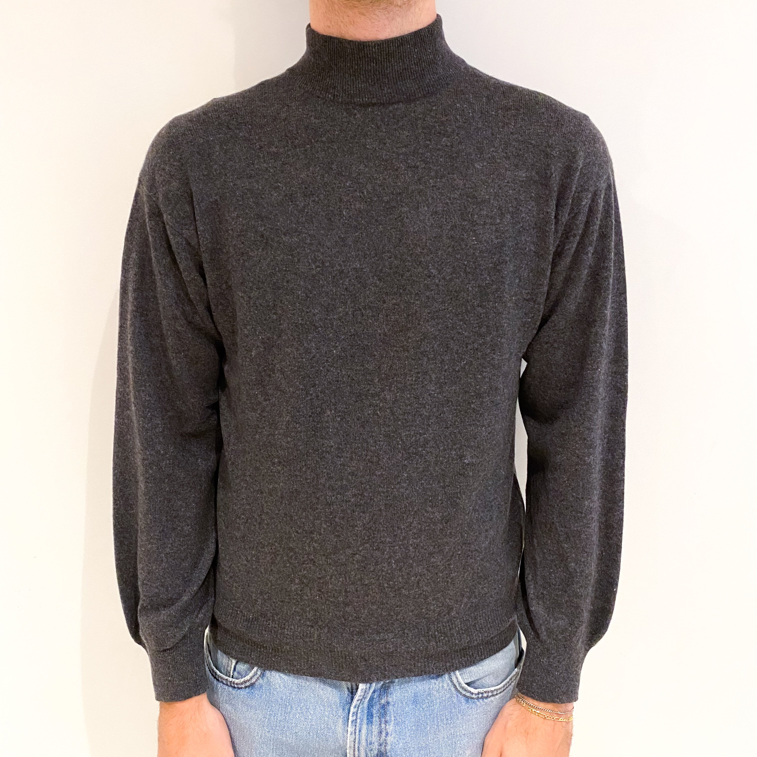 Men's Slate Grey Cashmere Turtle Neck Jumper Medium