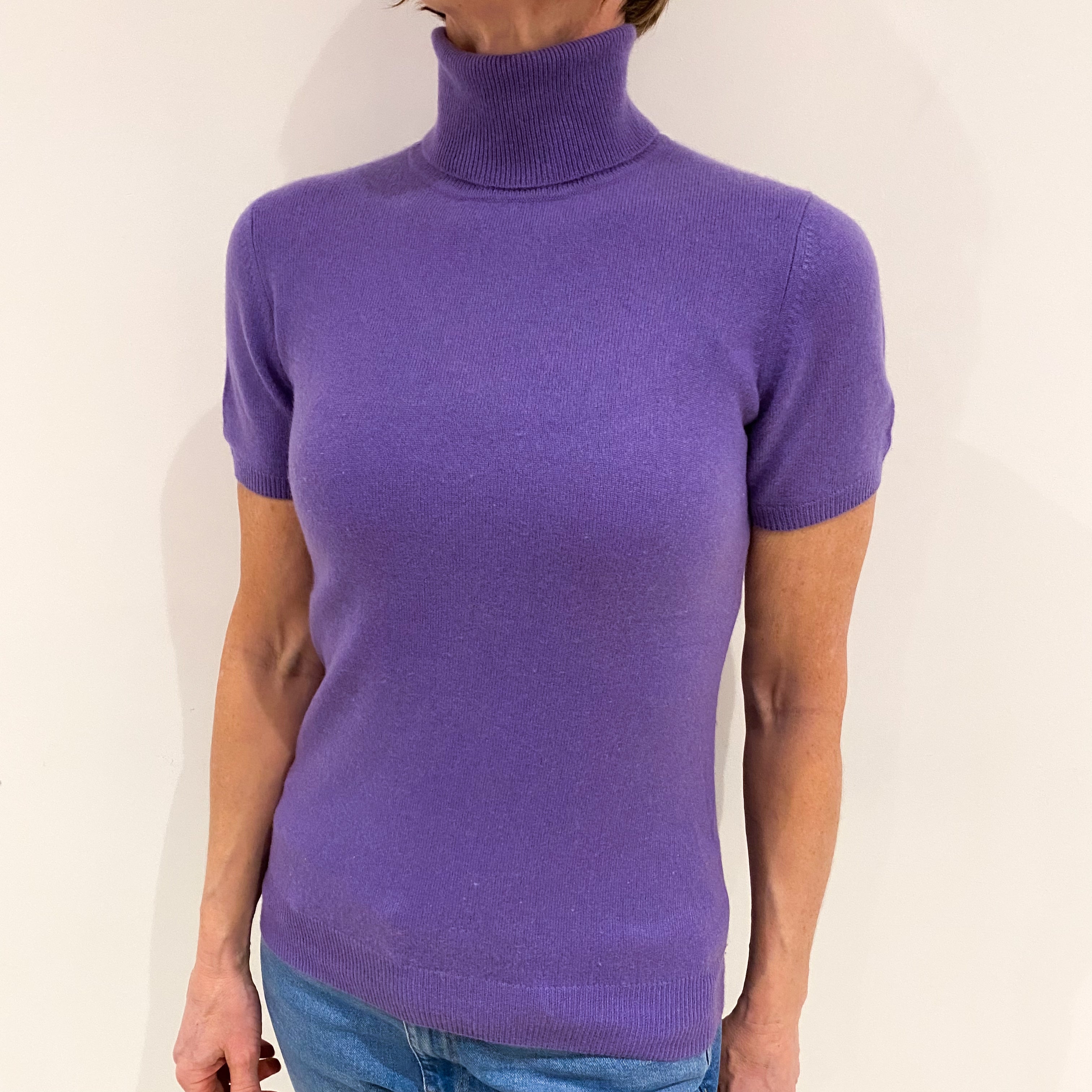 Amethyst Purple Cashmere Short Sleeved Polo Neck Jumper Small