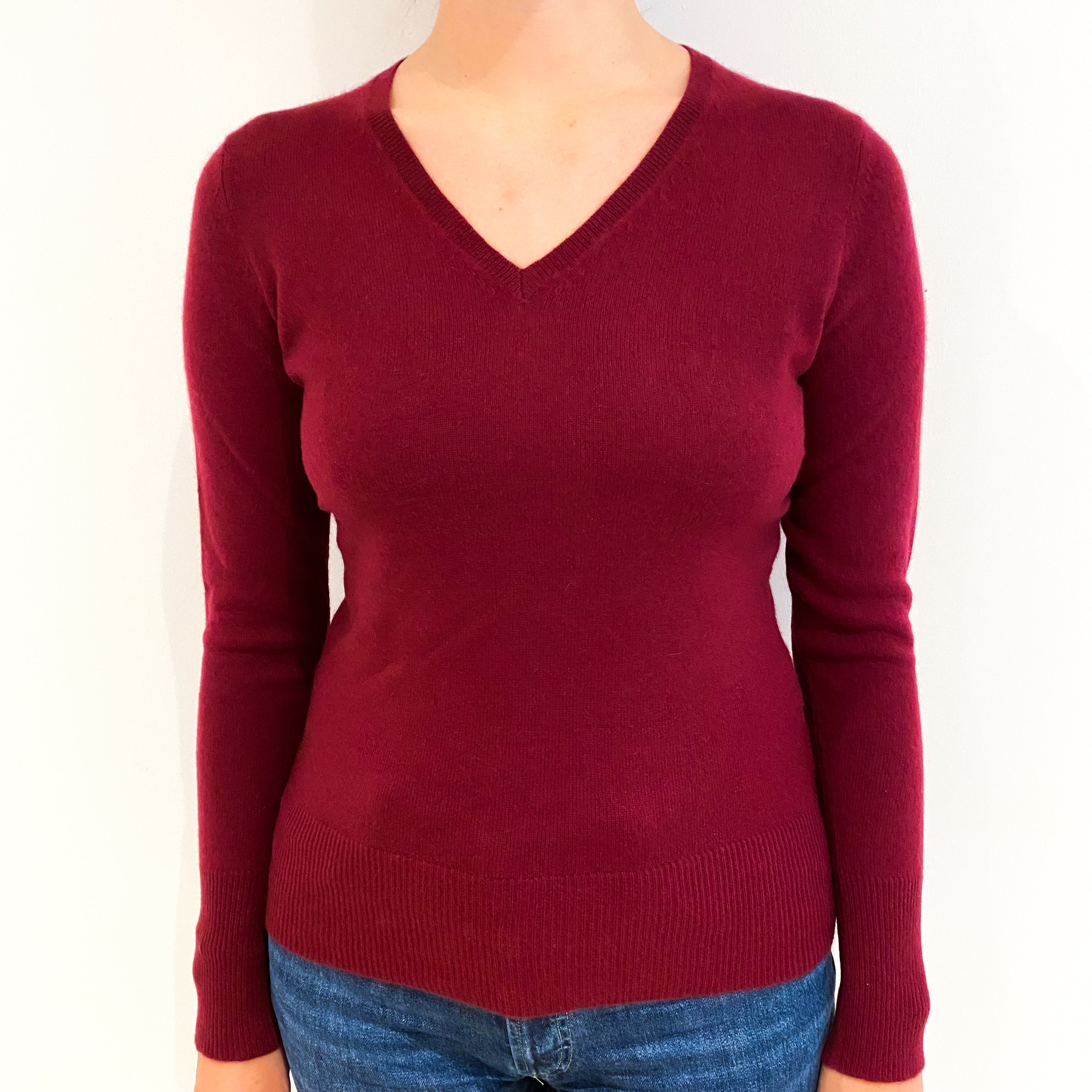 Wine Red Cashmere V-Neck Jumper Small