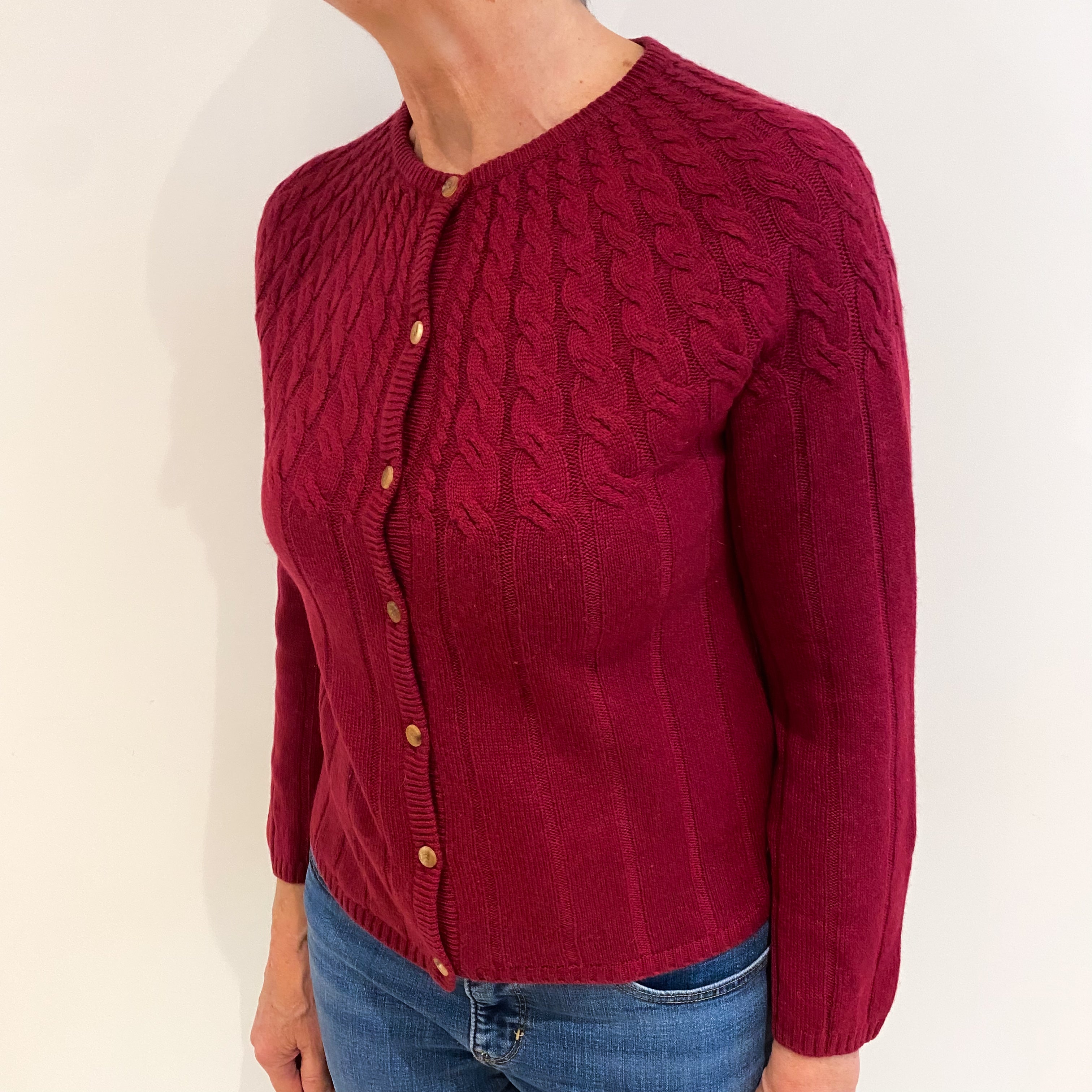 Garnet Red Textured Cashmere Crew Neck Cardigan Medium