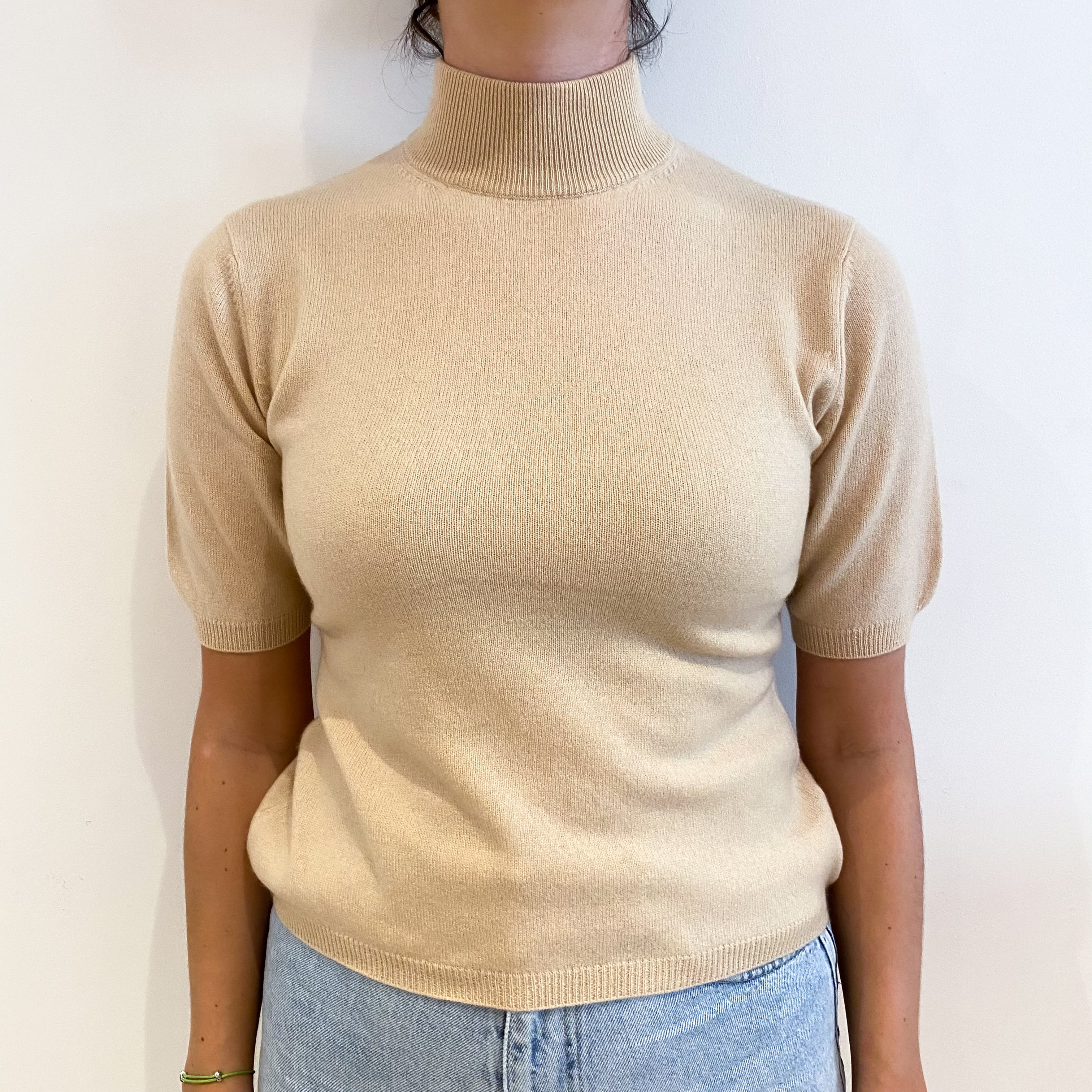 Beige Cashmere Turtle Neck Short Sleeved Jumper Small