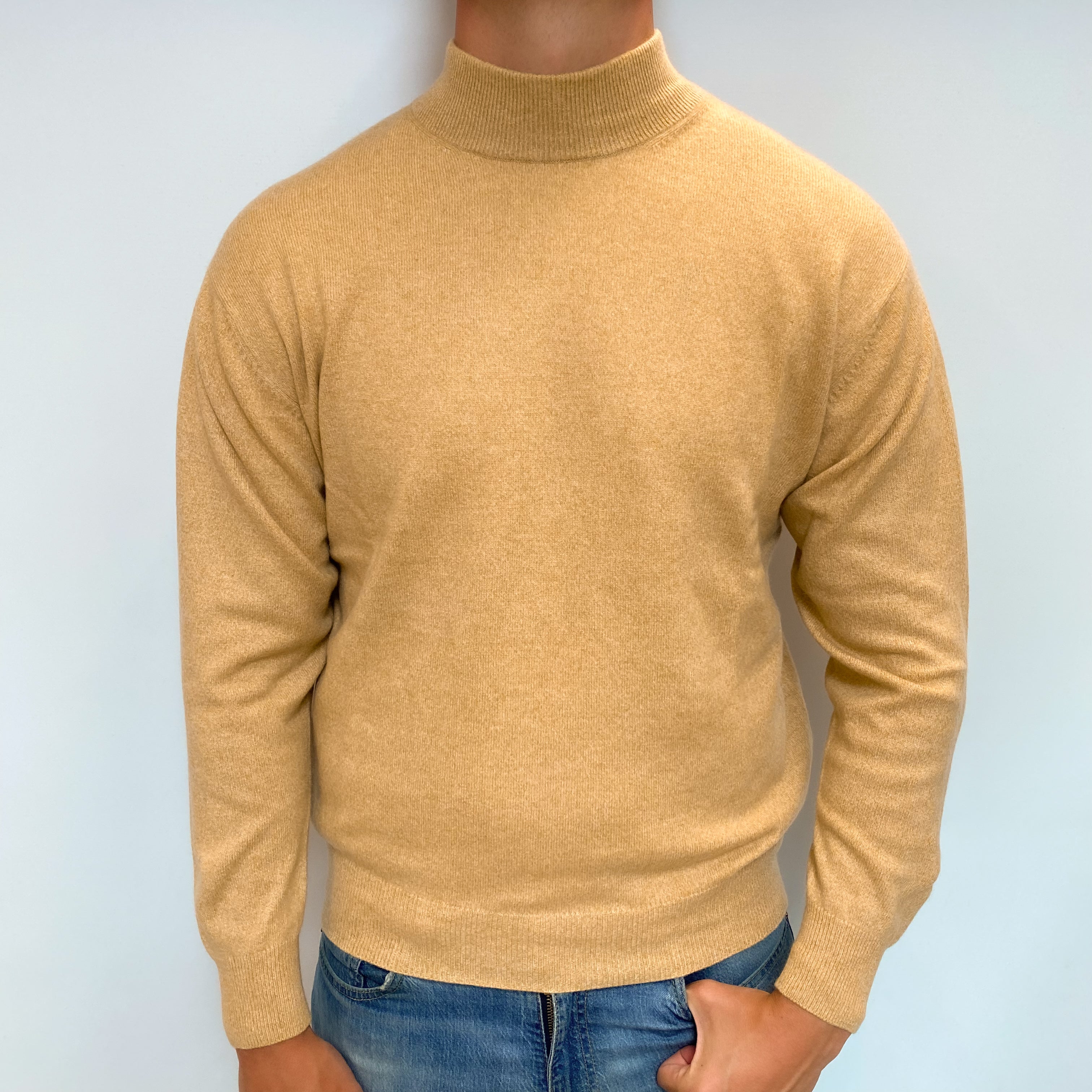 Men's Flaxseed Yellow Cashmere Turtle Neck Jumper XL