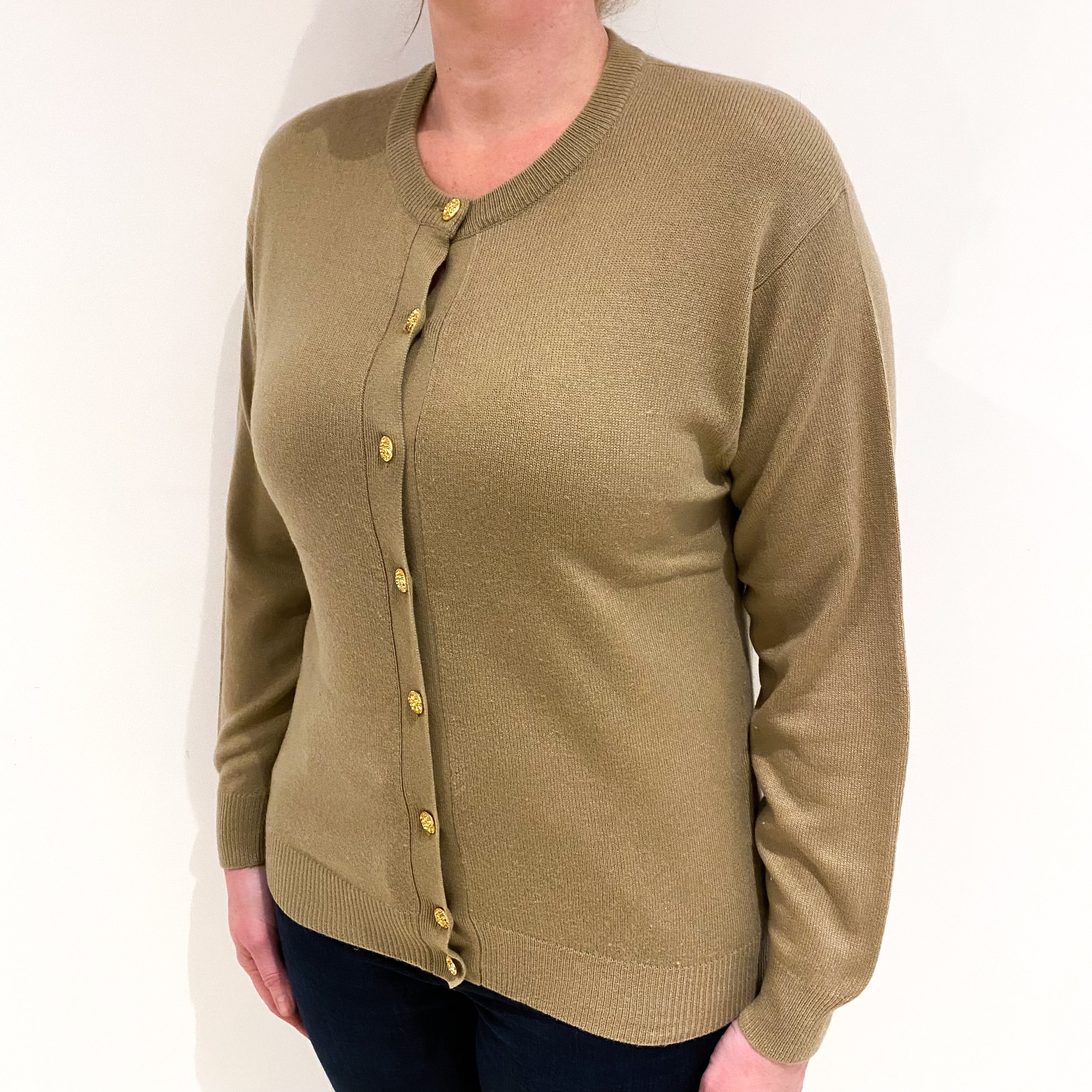 Soft Khaki Green Cashmere Crew Neck Cardigan Large