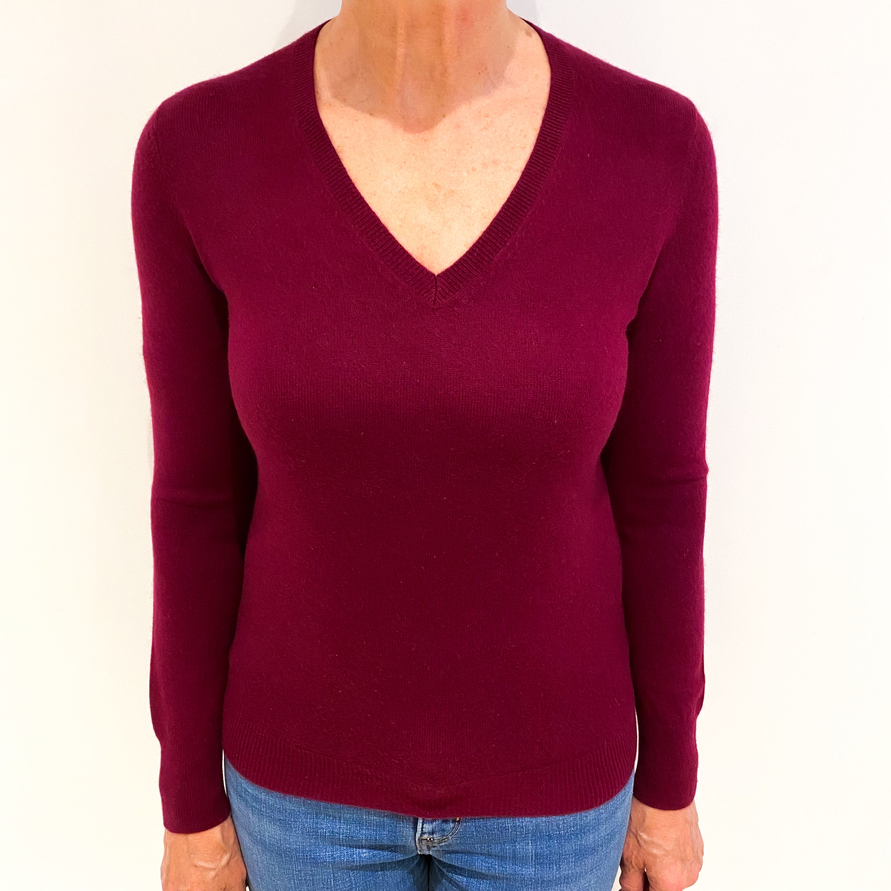 Wine Red Cashmere V Neck Jumper Medium