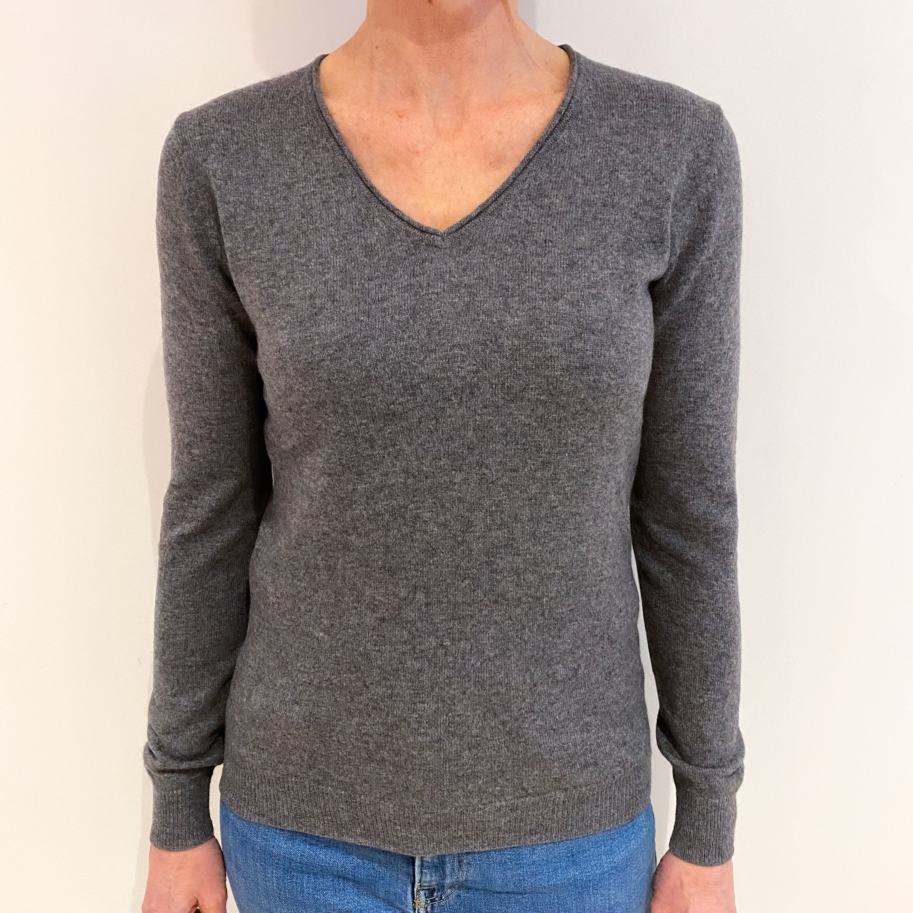 Ash Grey Cashmere V Neck Jumper Small