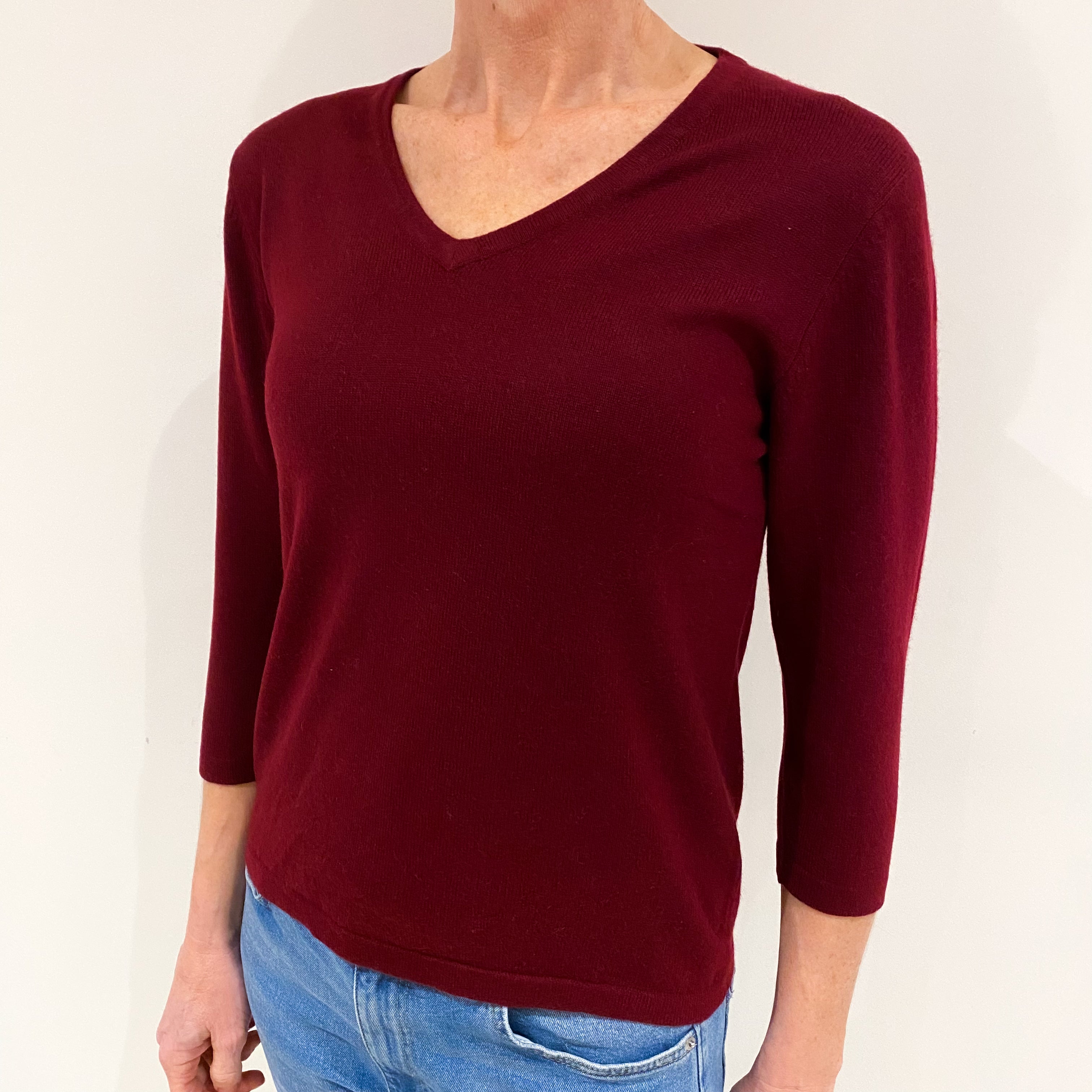 Burgundy Red Cashmere V Neck Jumper Small