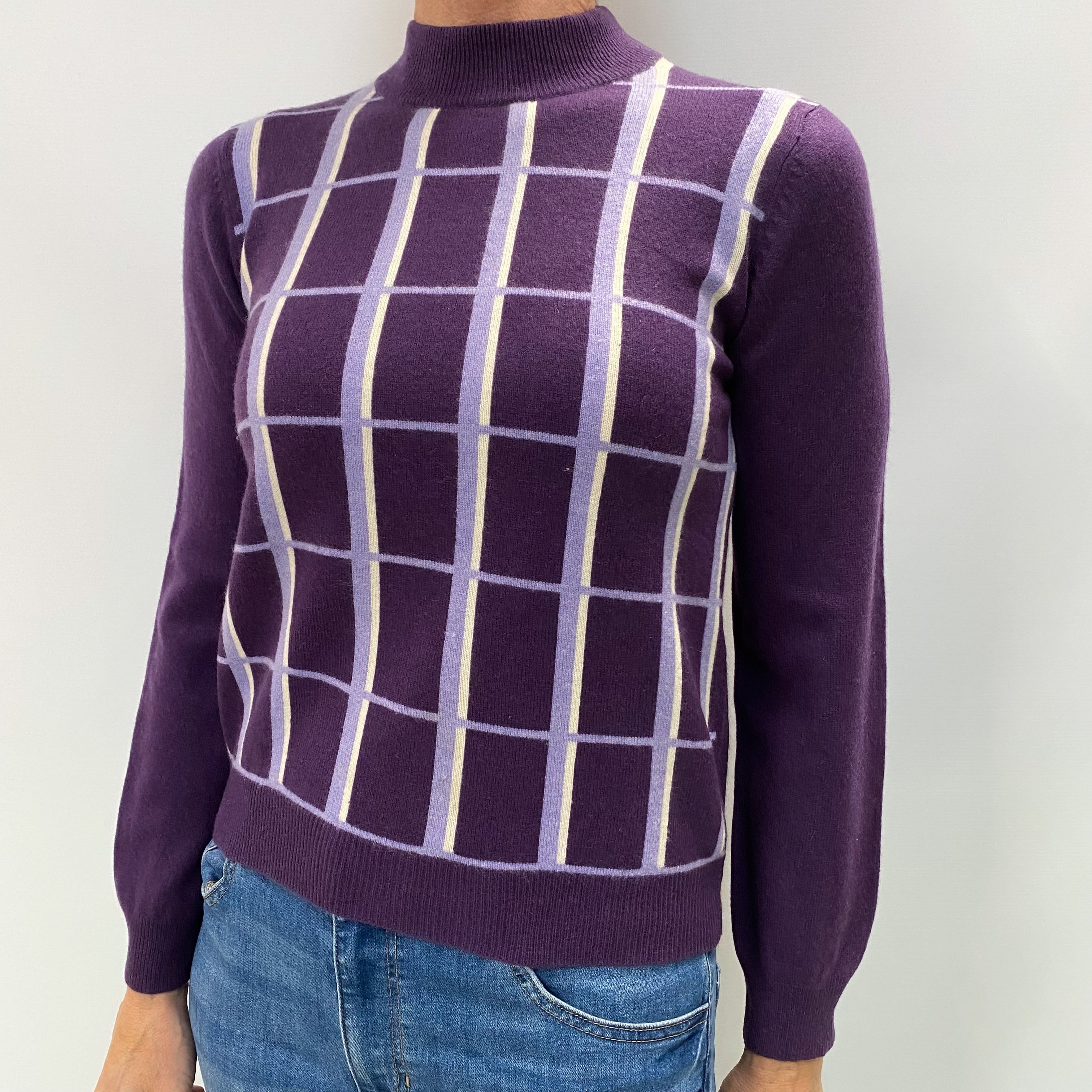 Blueberry Purple Patterned Cashmere Polo Neck Jumper Small