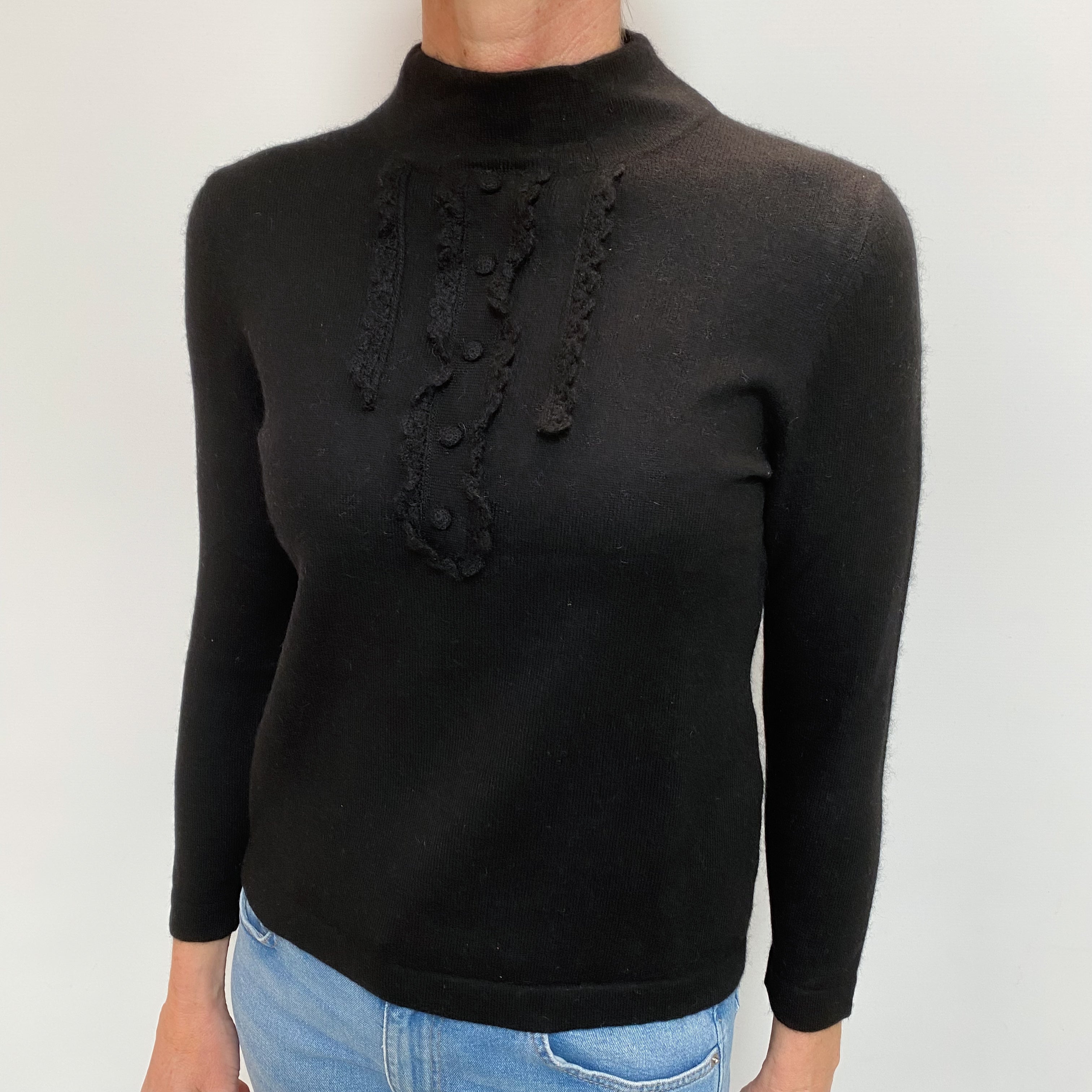 Black Cashmere Frill Detail Turtle Neck Jumper Small