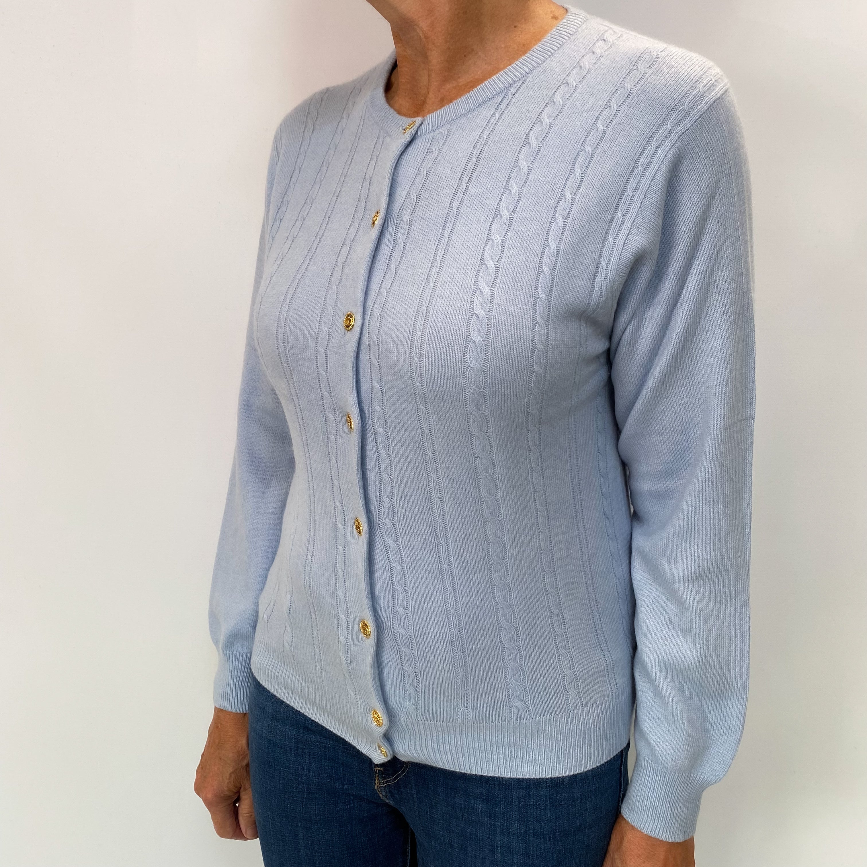 Pale Blue Cashmere Crew Neck Cardigan Medium