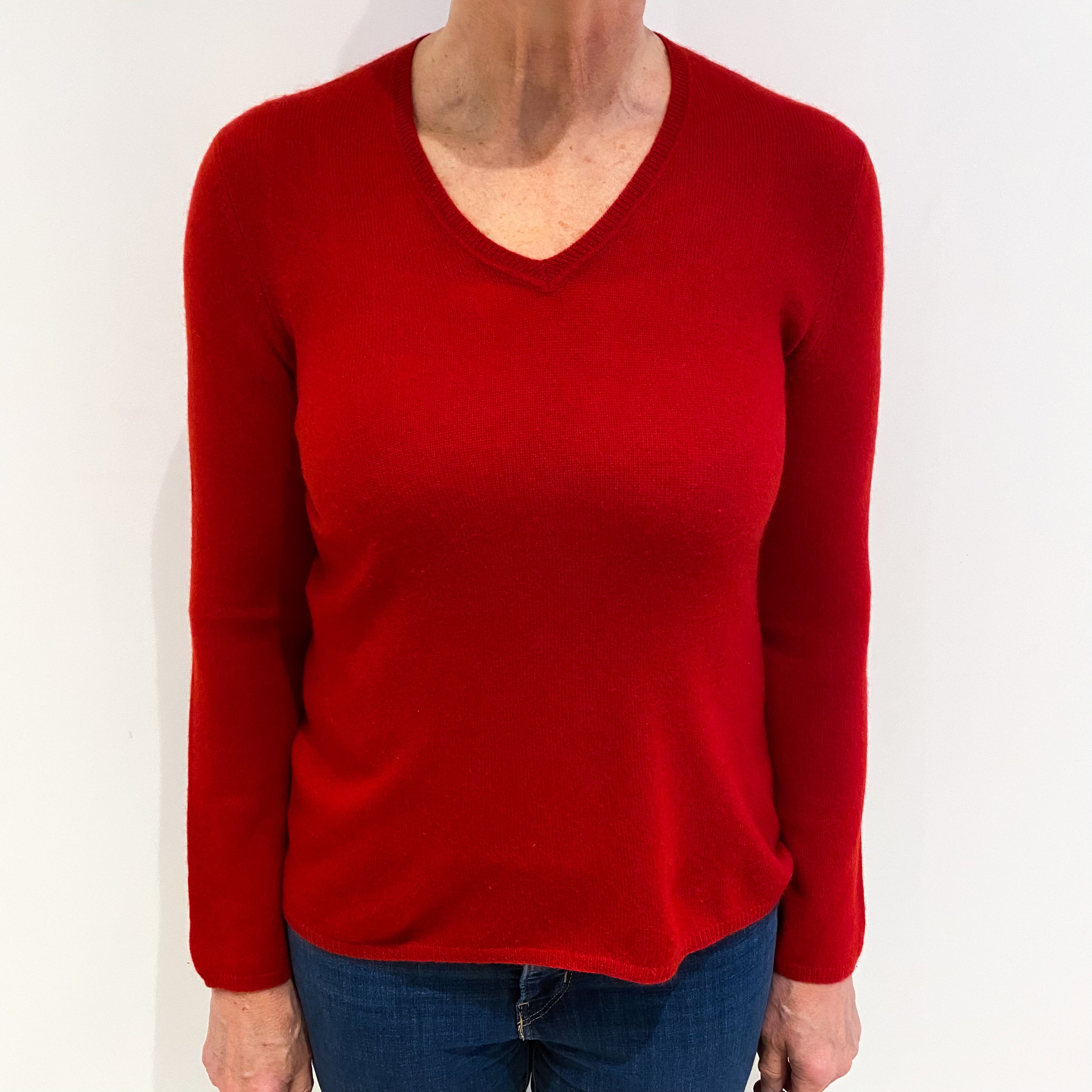 Scarlet Red Cashmere V Neck Jumper Medium