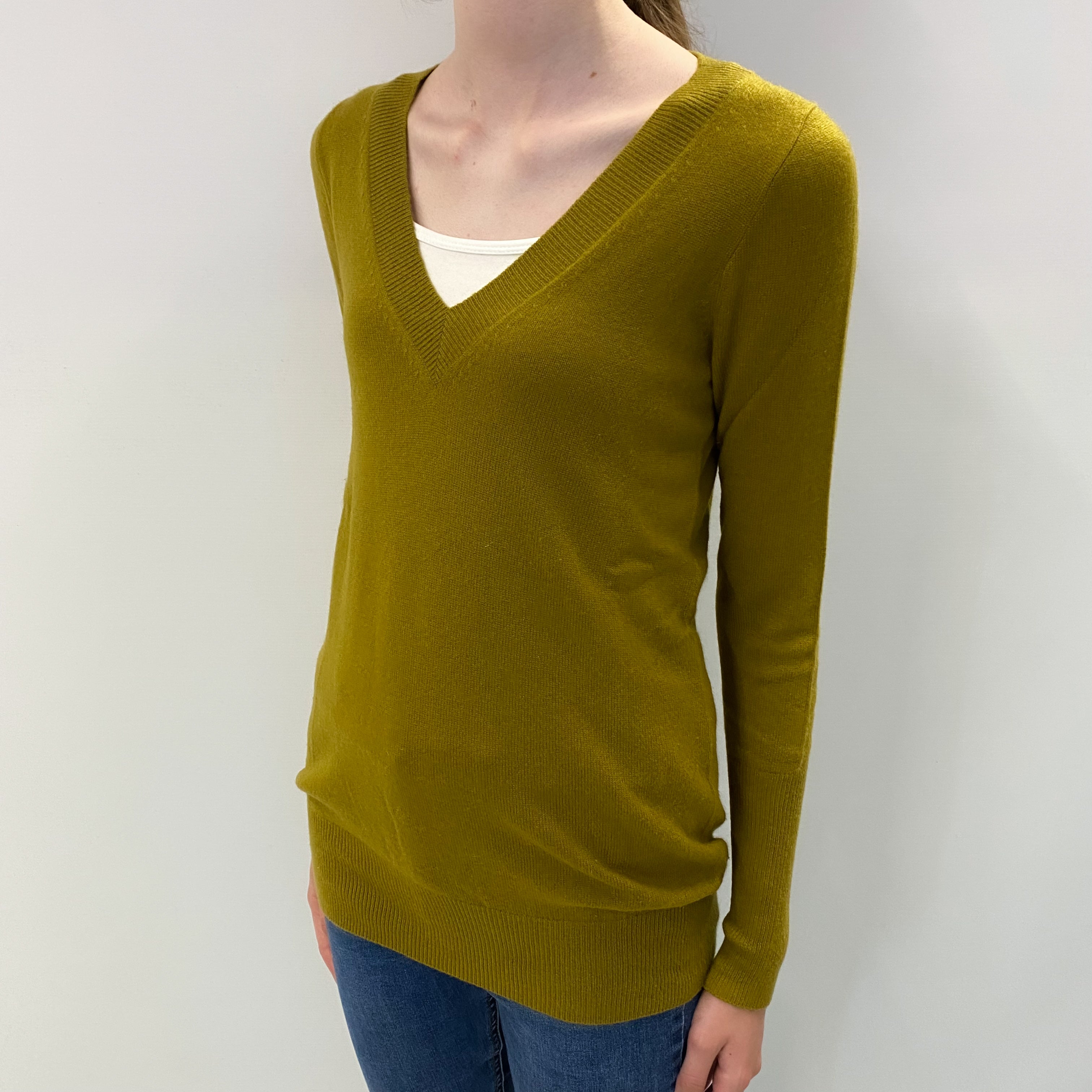 Olive Green Cashmere V Neck Jumper Extra Small