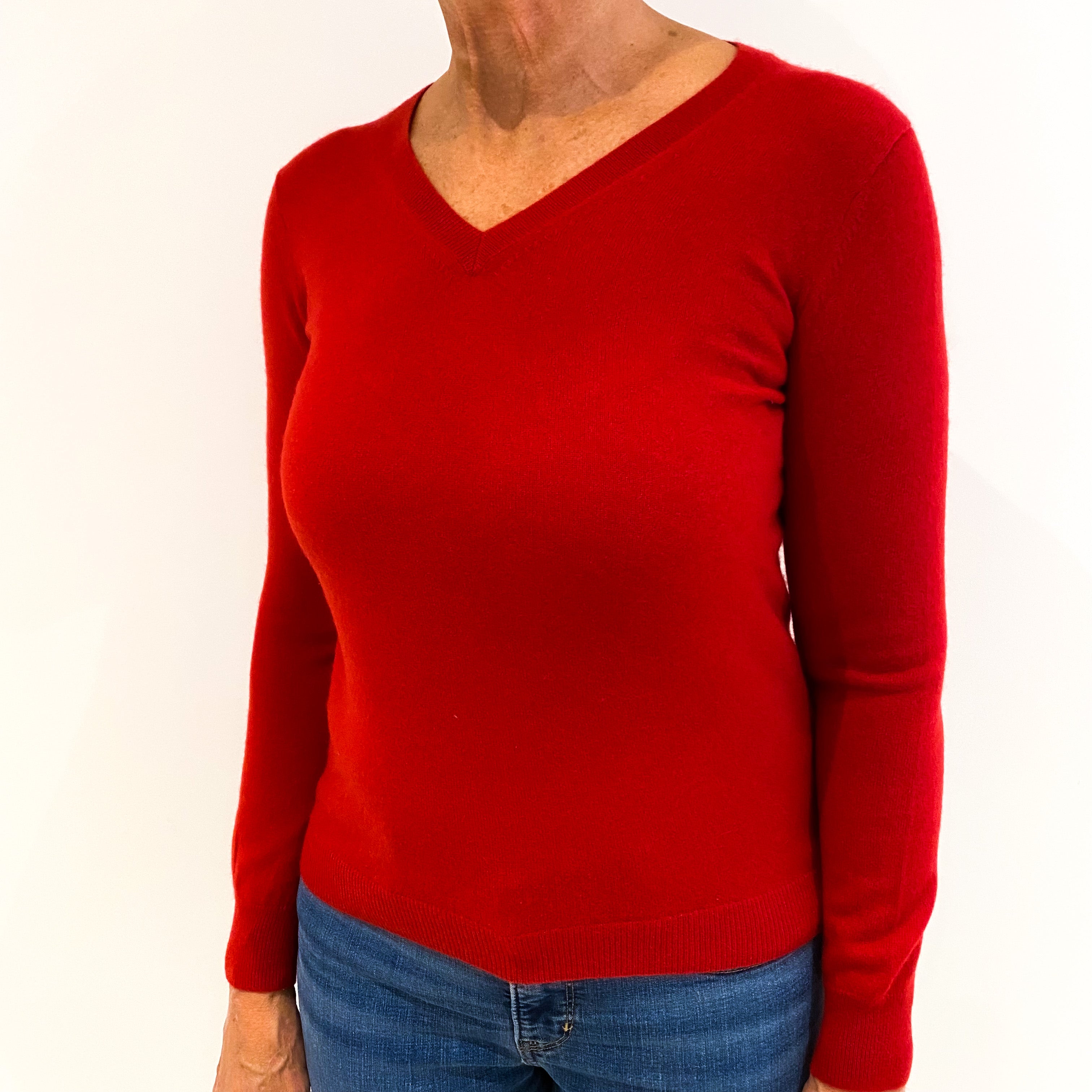 Post Box Red Cashmere V-Neck Jumper Medium