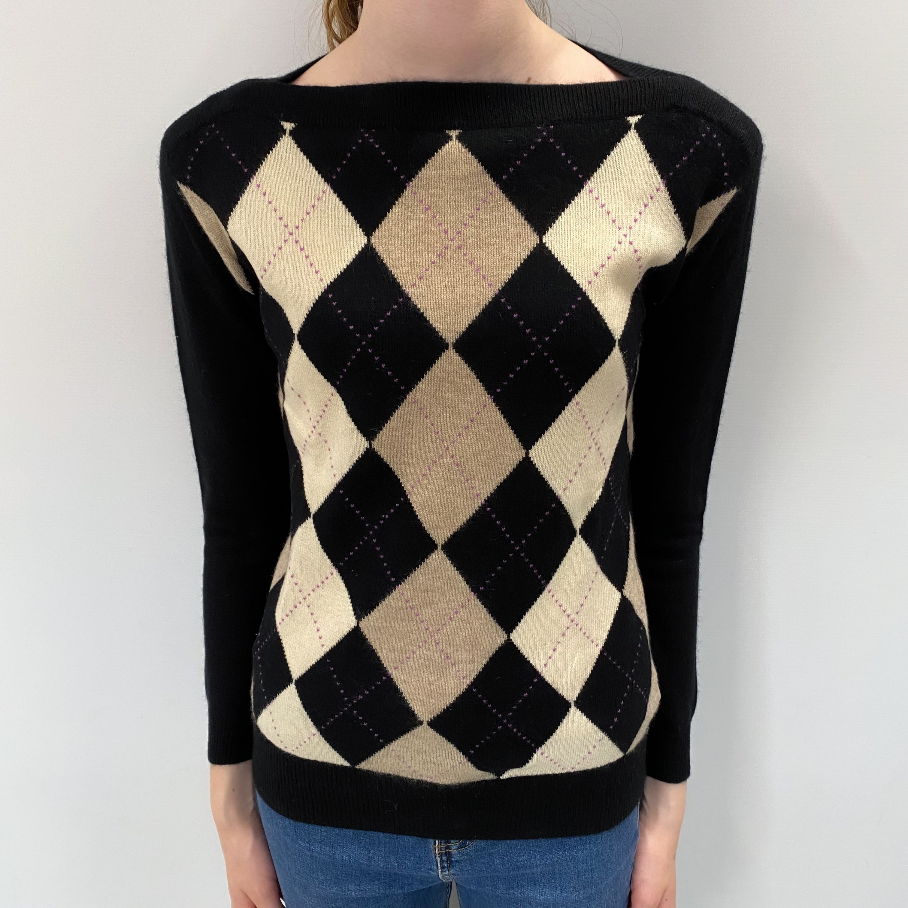 Black Argyle Cashmere Crew Neck Jumper Extra Small