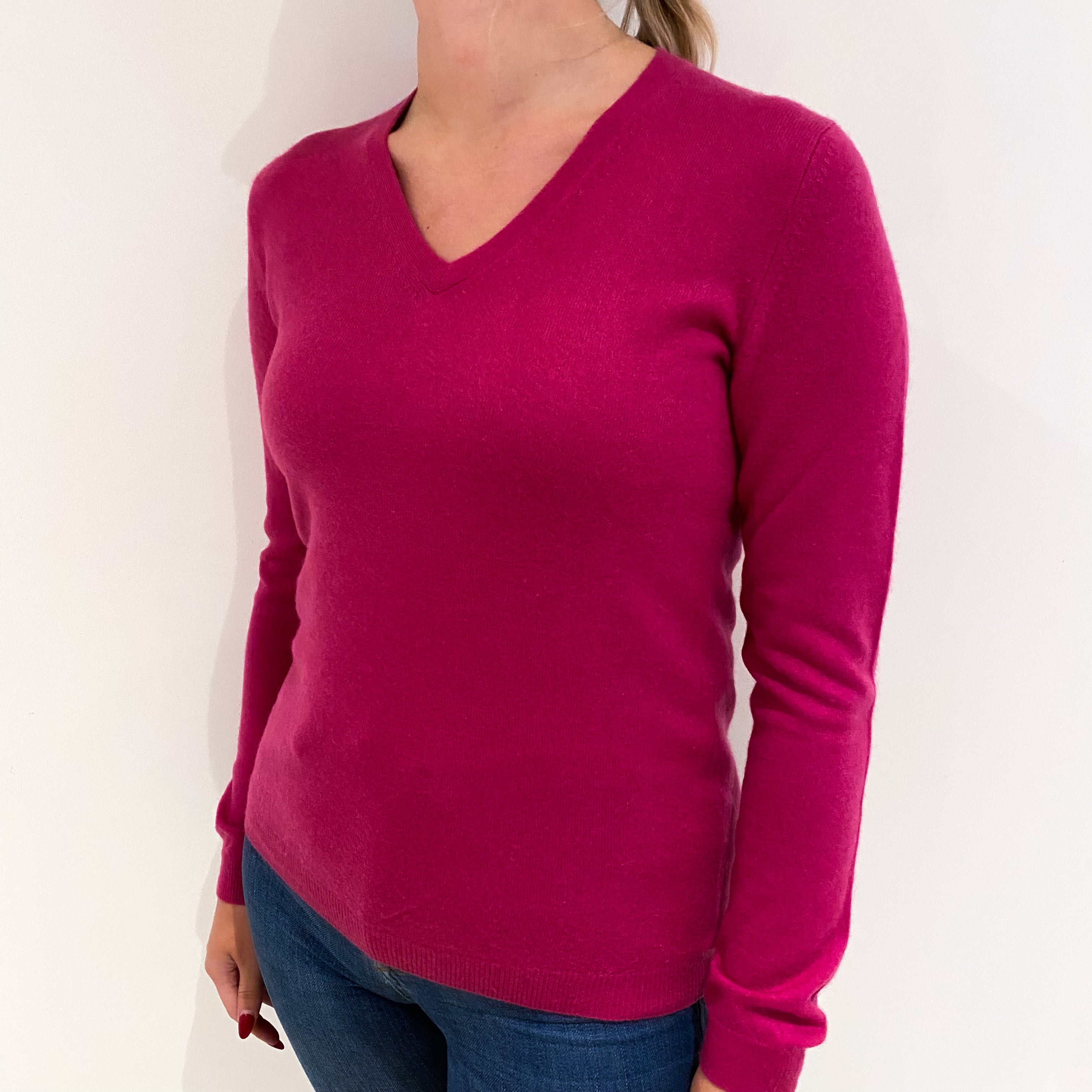 Fuchsia Pink Cashmere V Neck Jumper Small