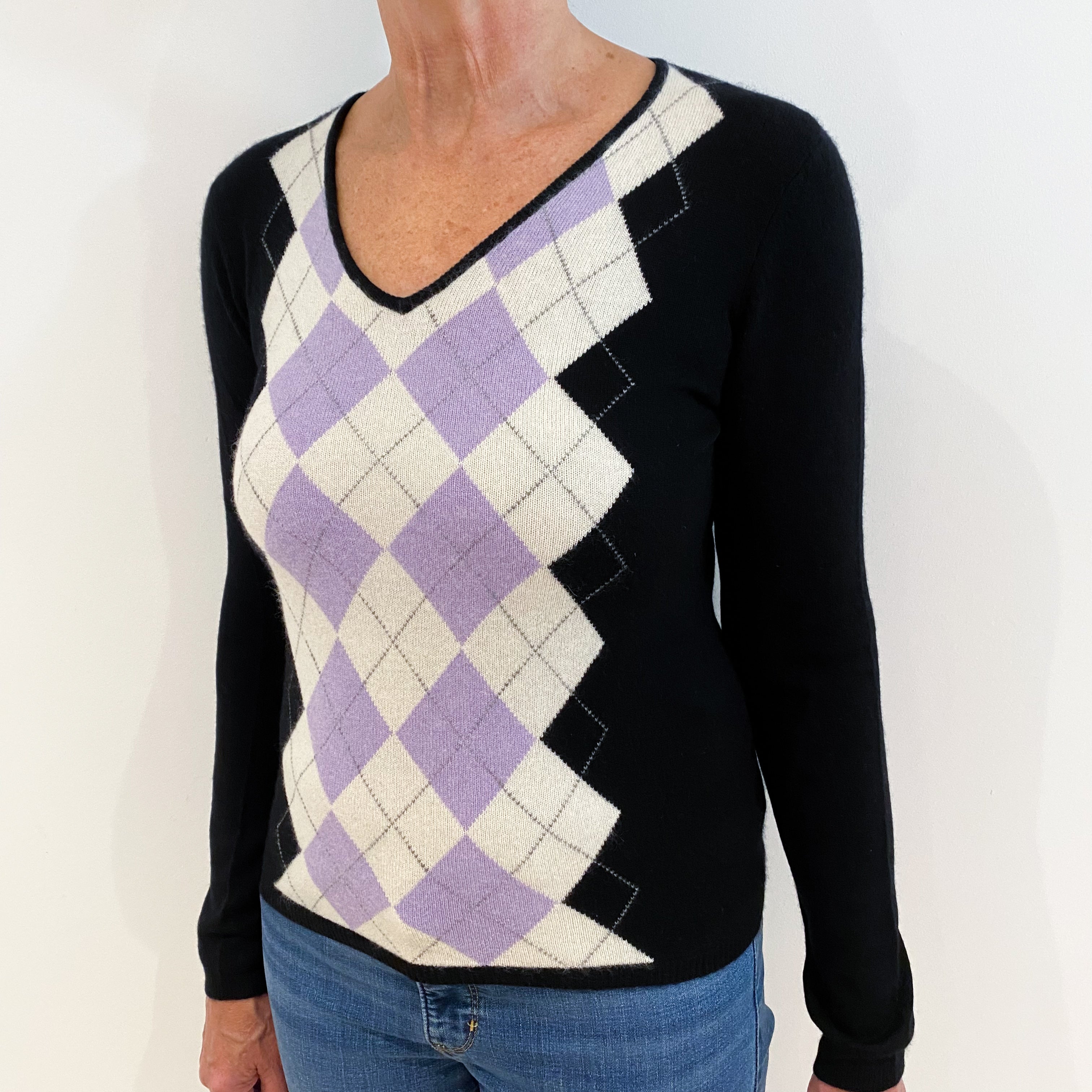 Black Cream Purple Argyle Cashmere V-Neck Jumper Medium