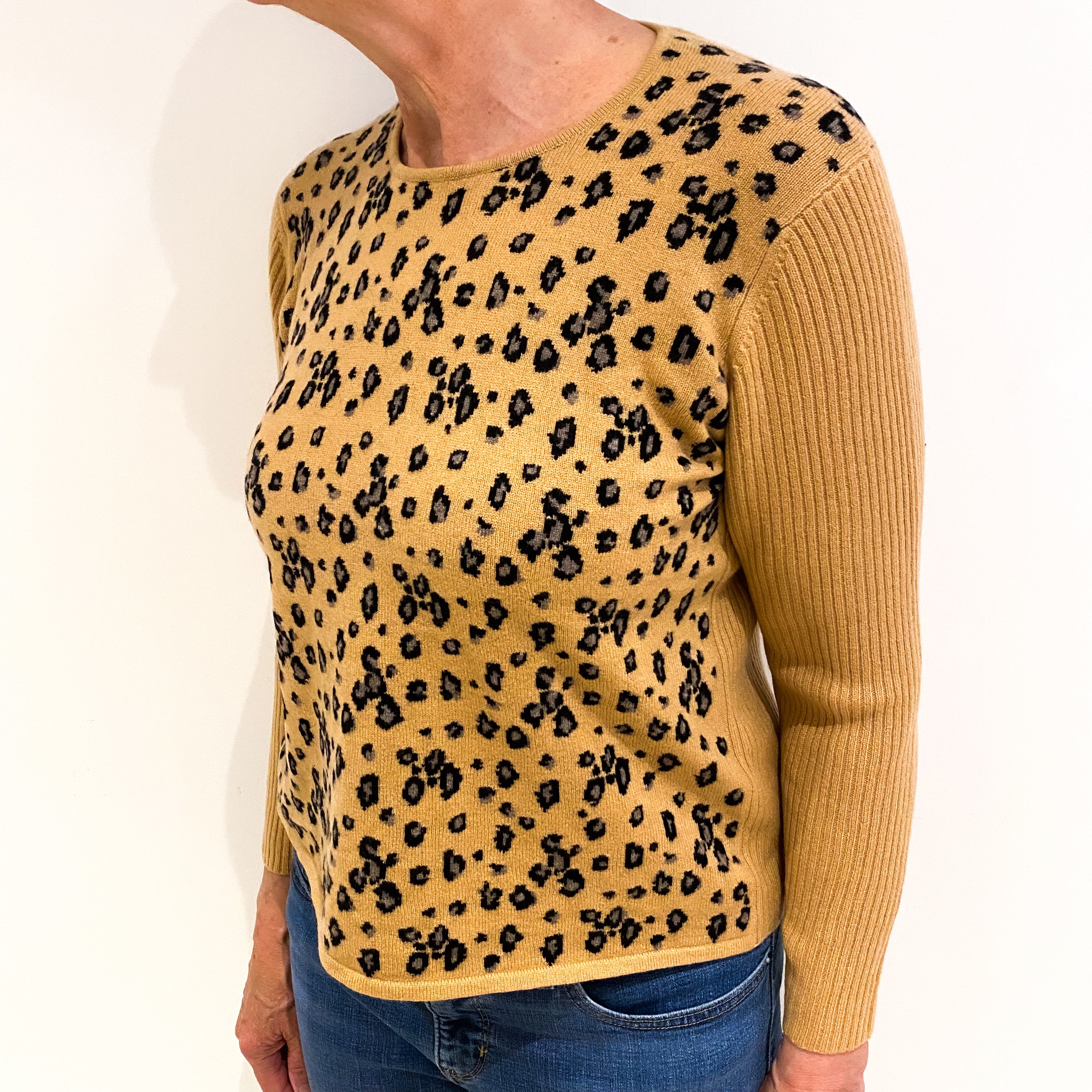 Brown Animal Print Cashmere Crew Neck Jumper Medium