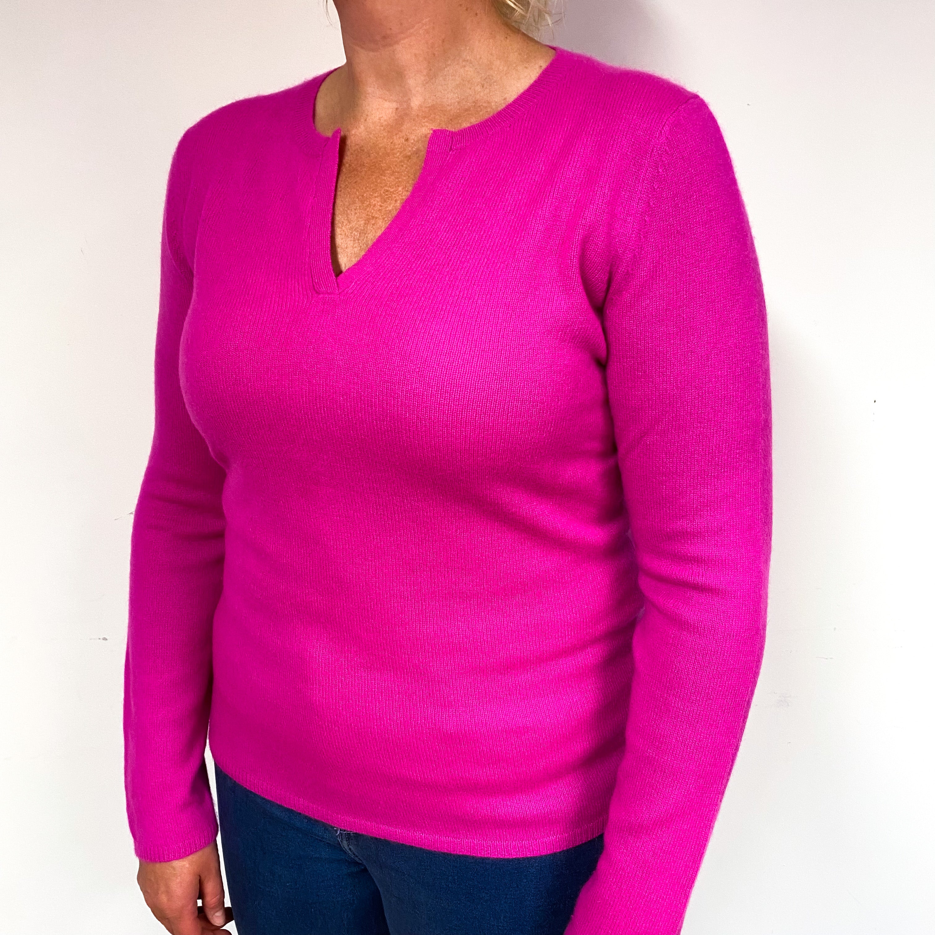 Hot Pink Cashmere Notch Neck Jumper Large