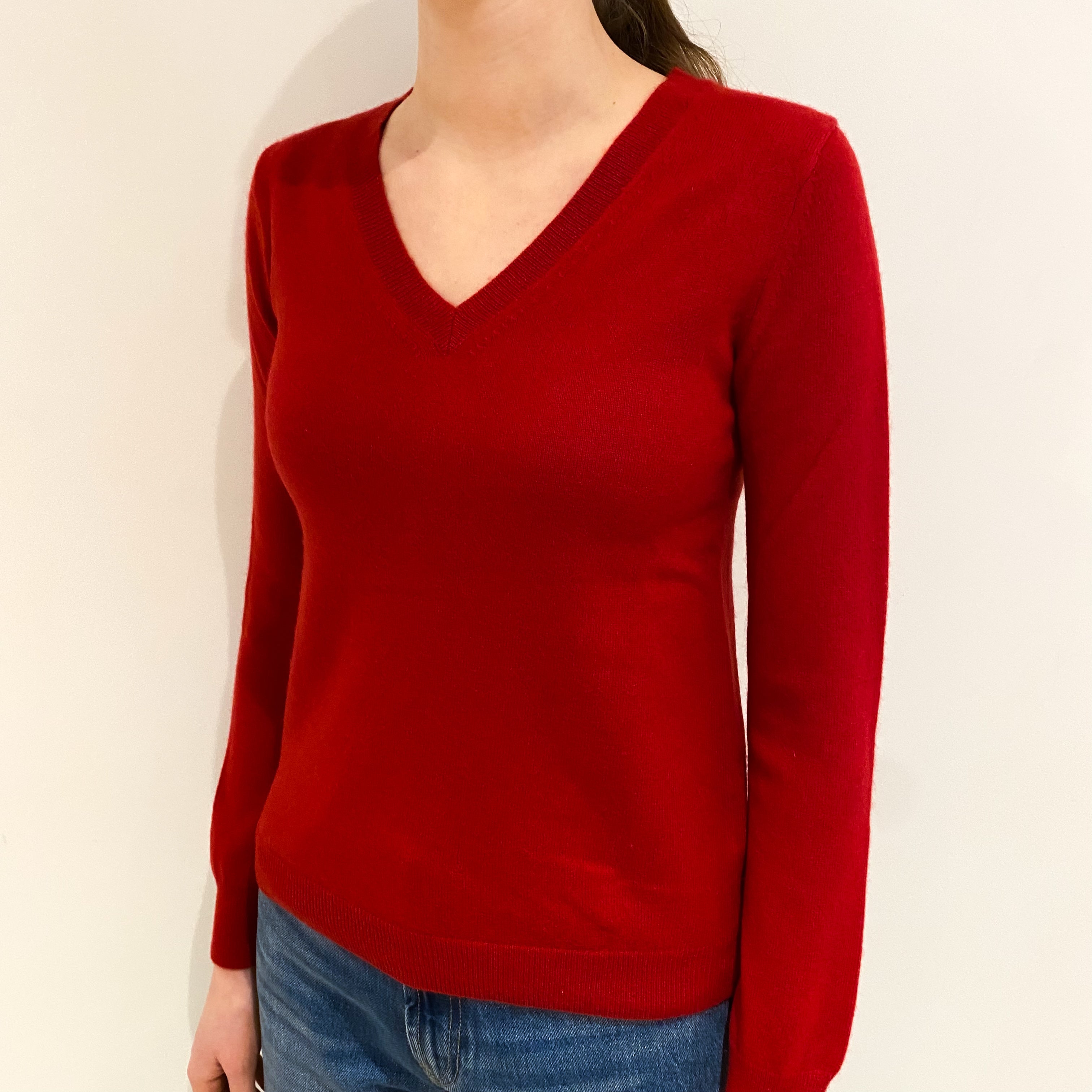 Post Box Red Cashmere V Neck Jumper Extra Small