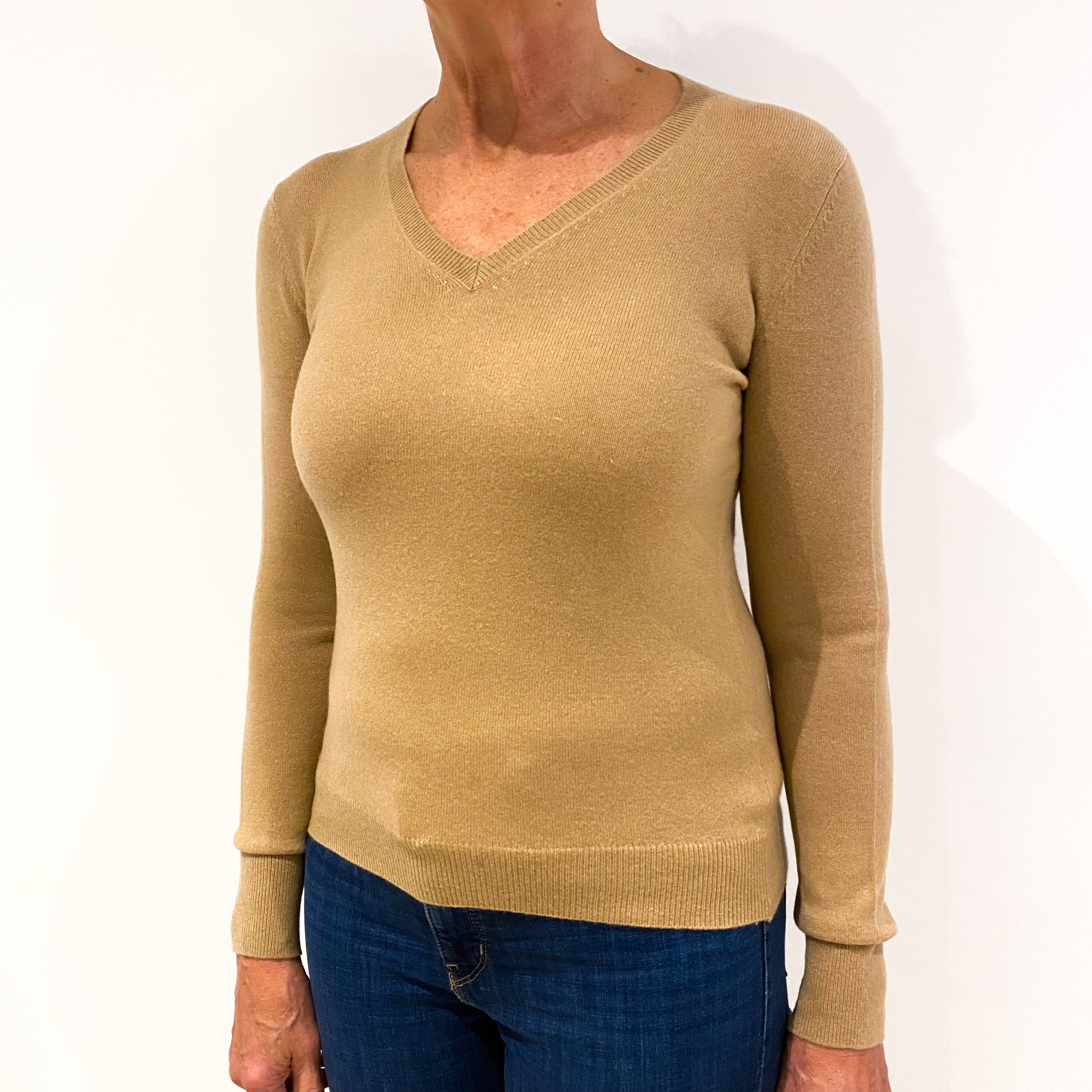 Camel Brown Cashmere V-Neck Jumper Medium