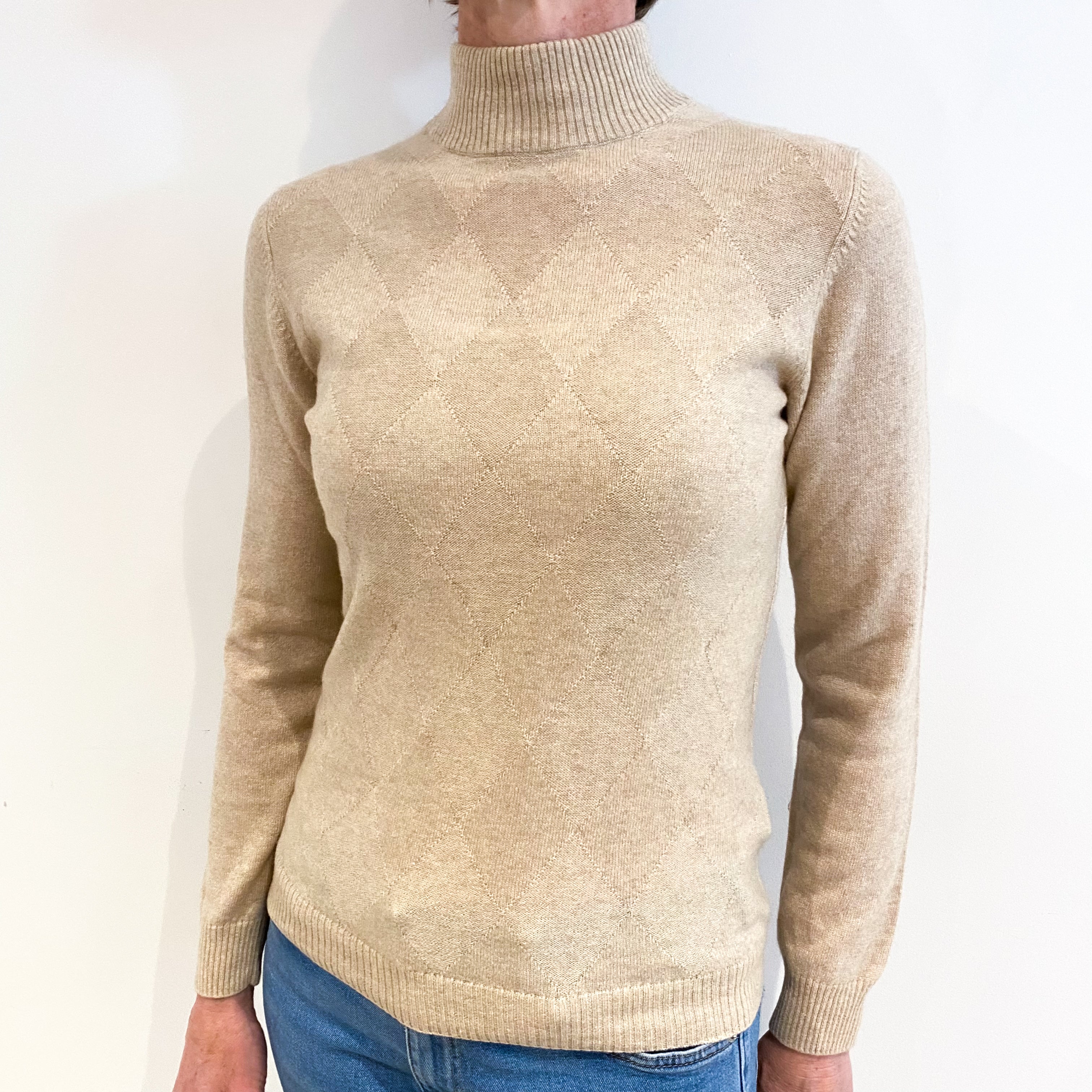 Latte Beige Cashmere Turtle Neck Jumper Small