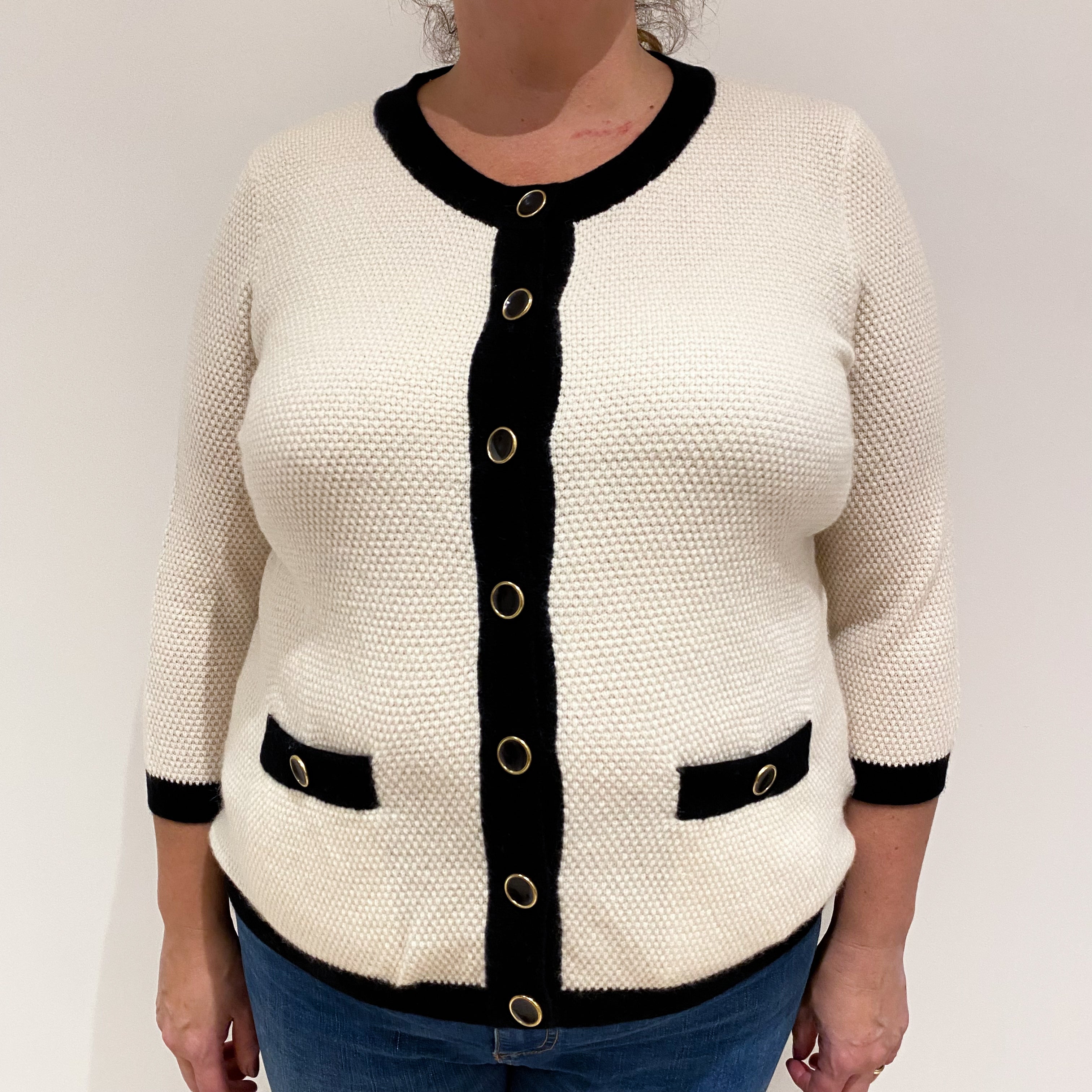 Vanilla Waffle Knit Cashmere Crew Neck Cardigan Extra Large