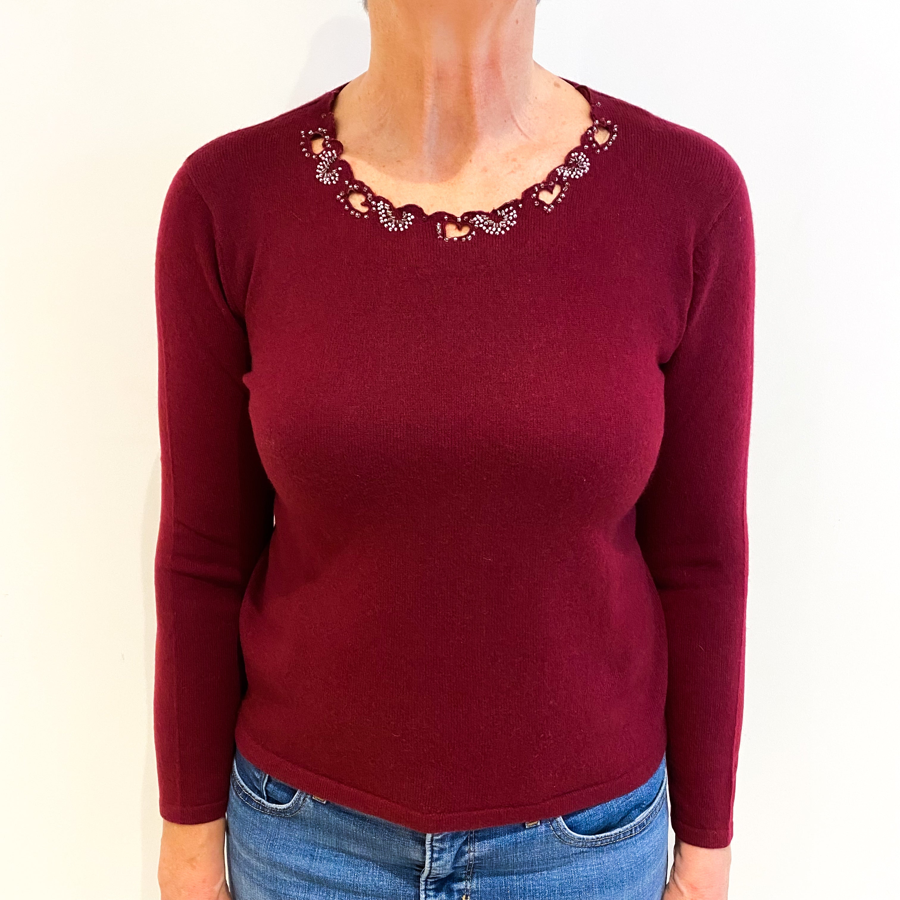 Mulberry Purple With Beaded Neckline Cashmere Crew Neck Jumper Medium