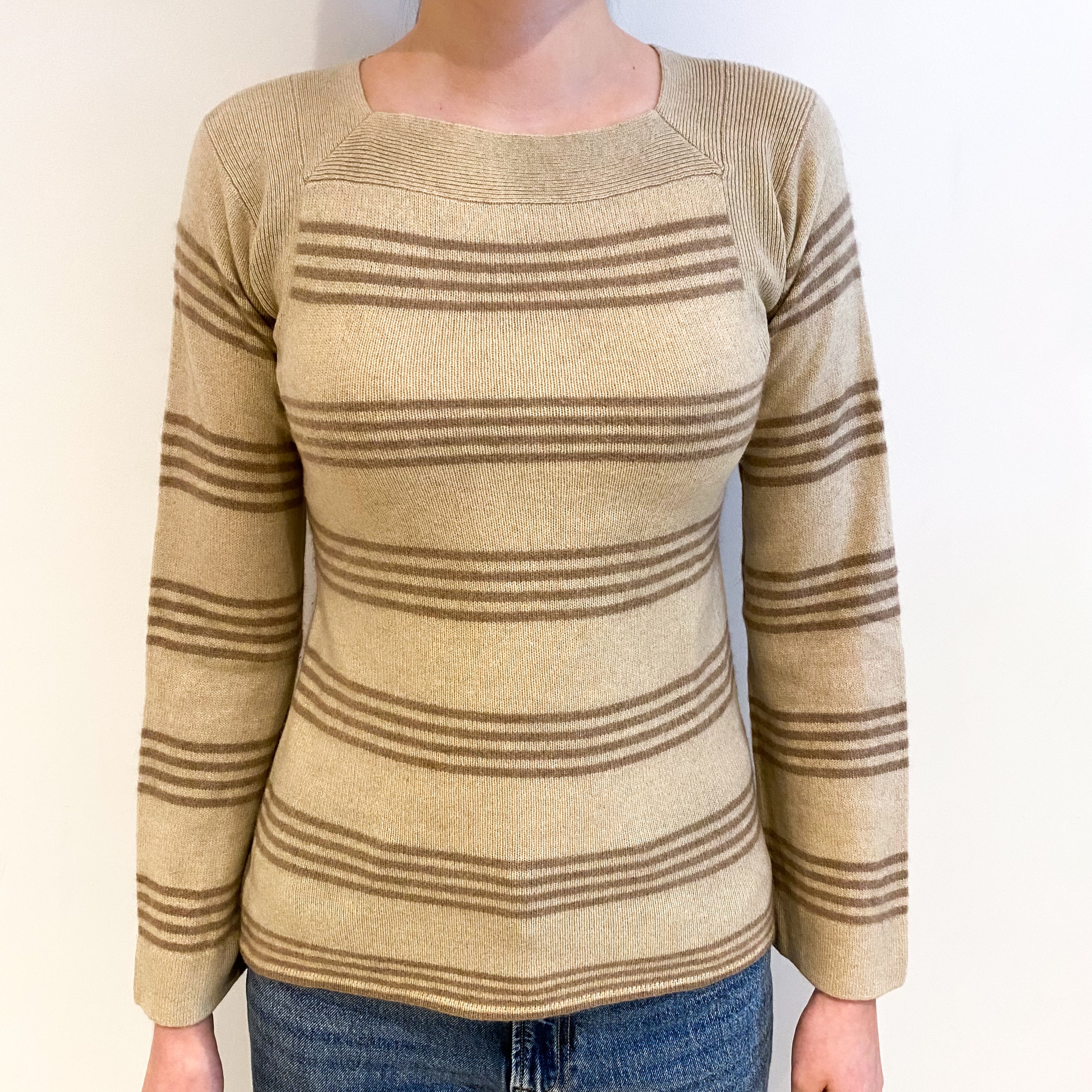 Sand and Toffee Stripe Cashmere Square Neck Jumper Extra Small