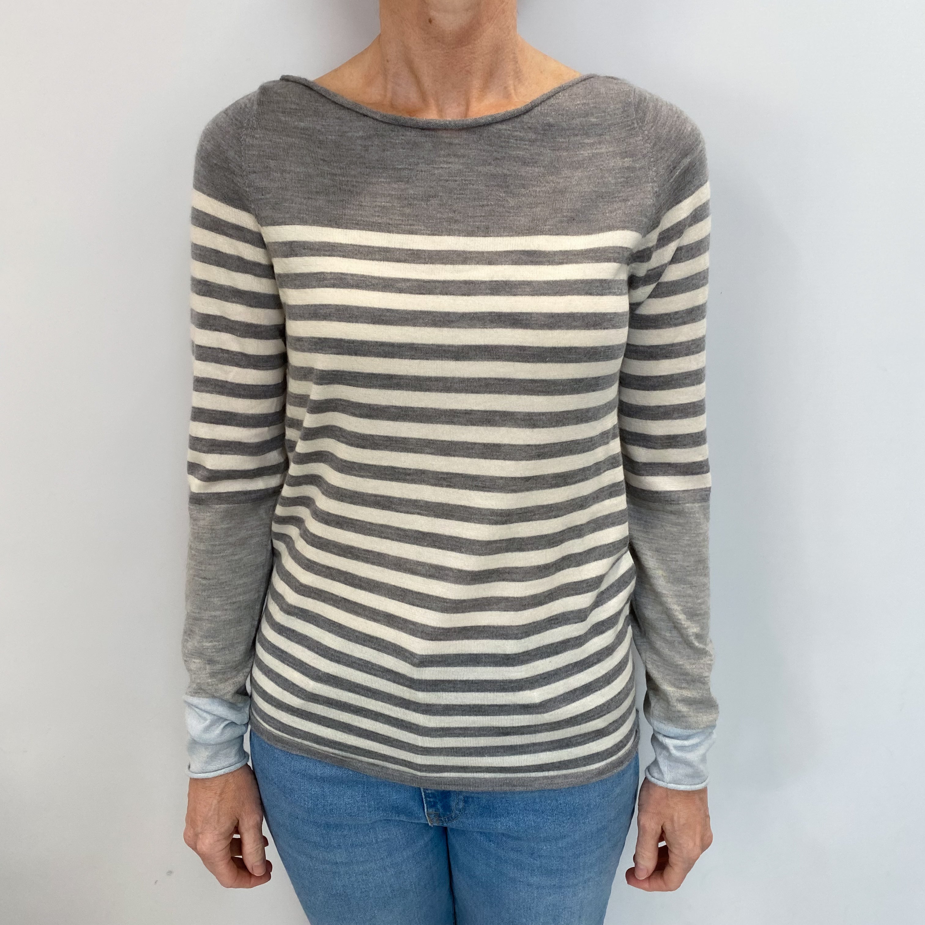 Grey And Ivory Striped Cashmere Slash Neck Jumper Small