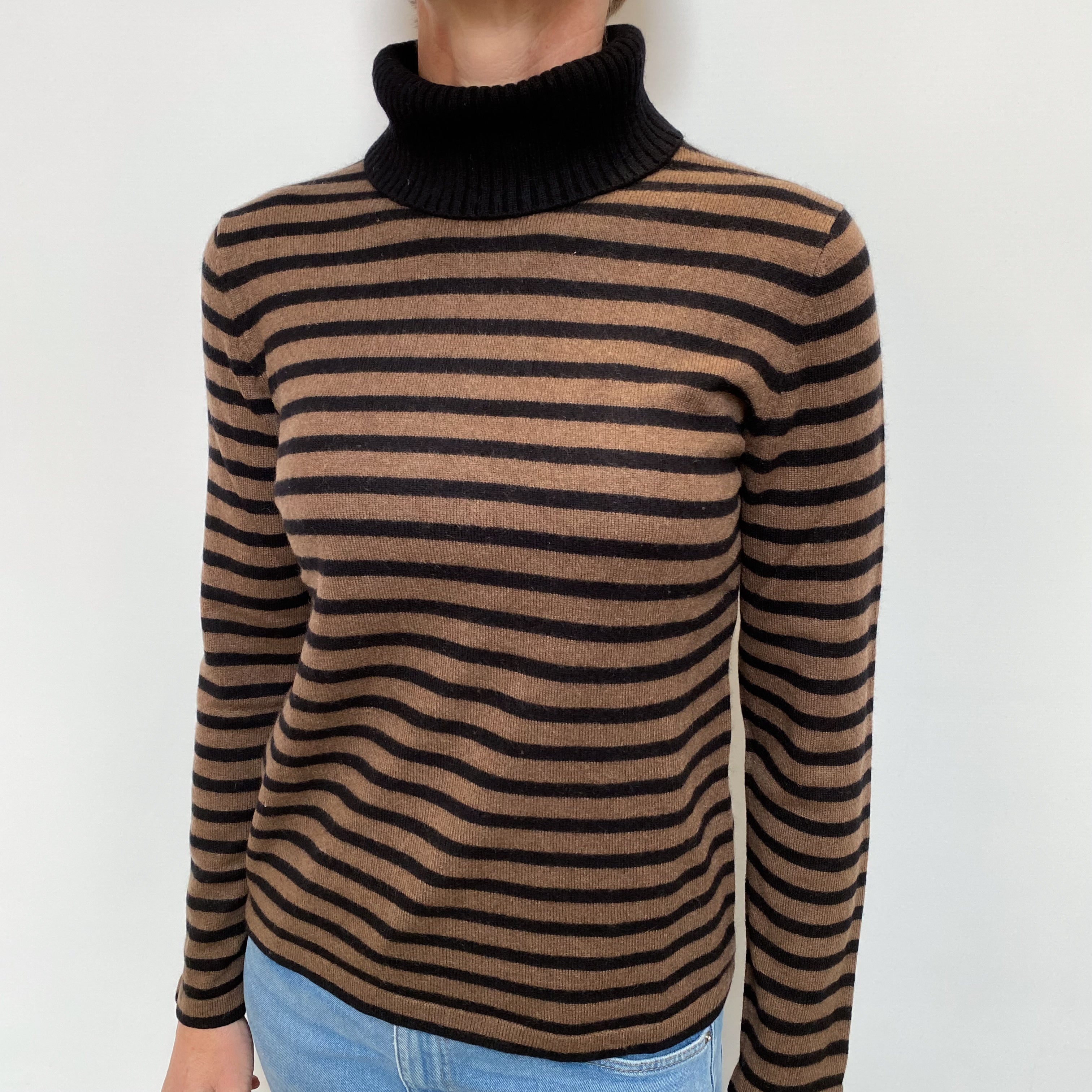 Black Brown Stripe Cashmere Polo Neck Jumper Small