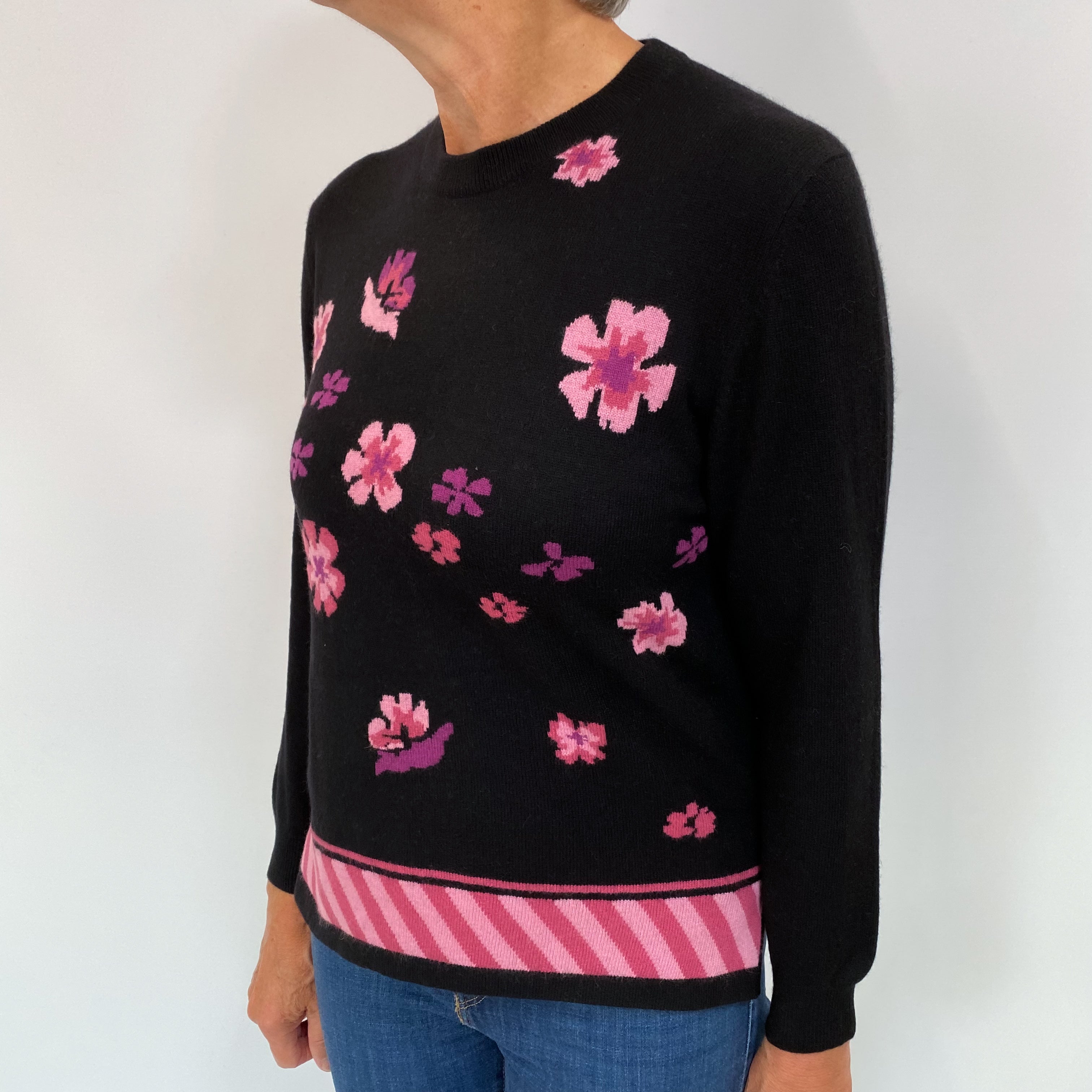 Black Floral Cashmere Crew Neck Jumper Medium