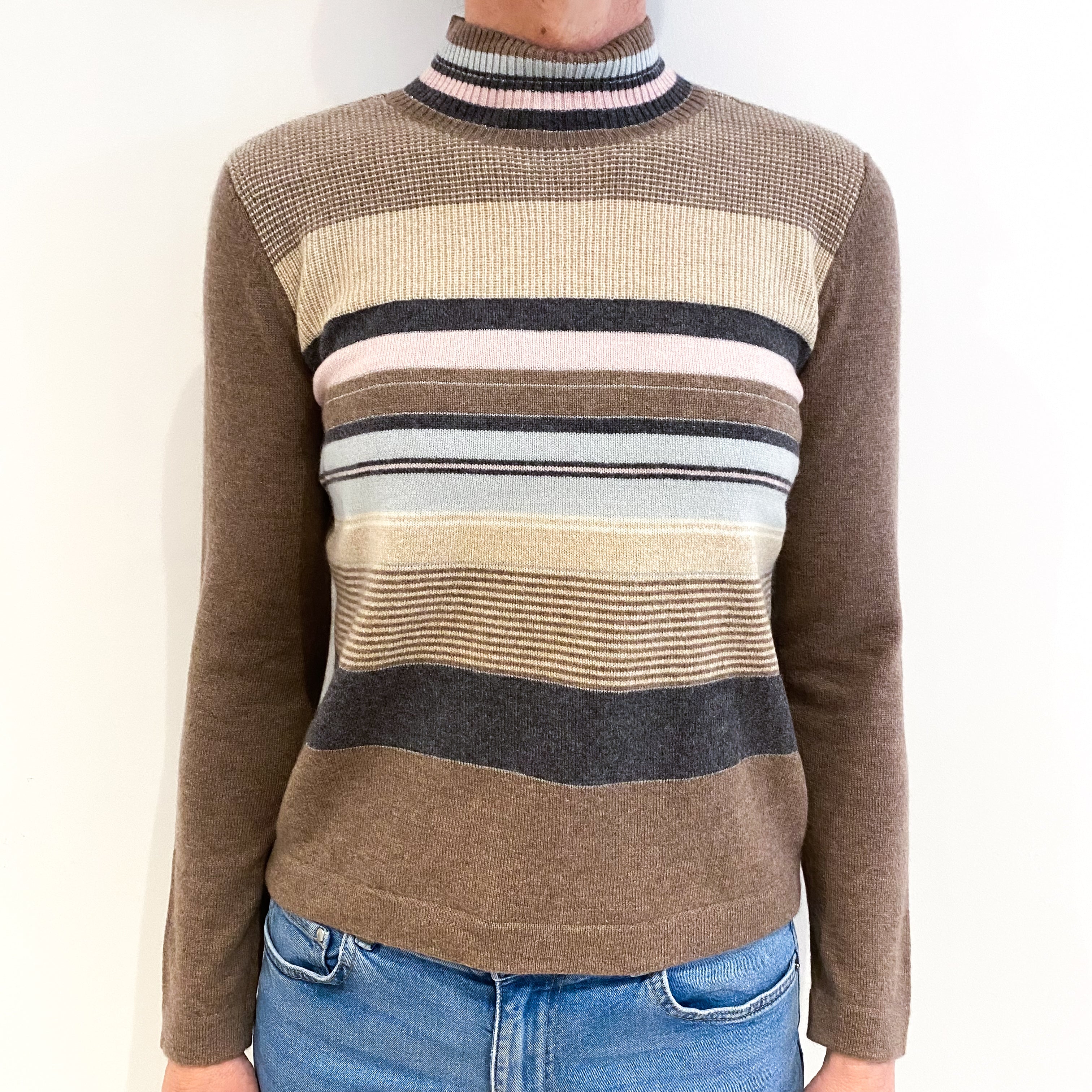 Mocha And Pastel Stripe Cashmere Turtle Neck Jumper Small