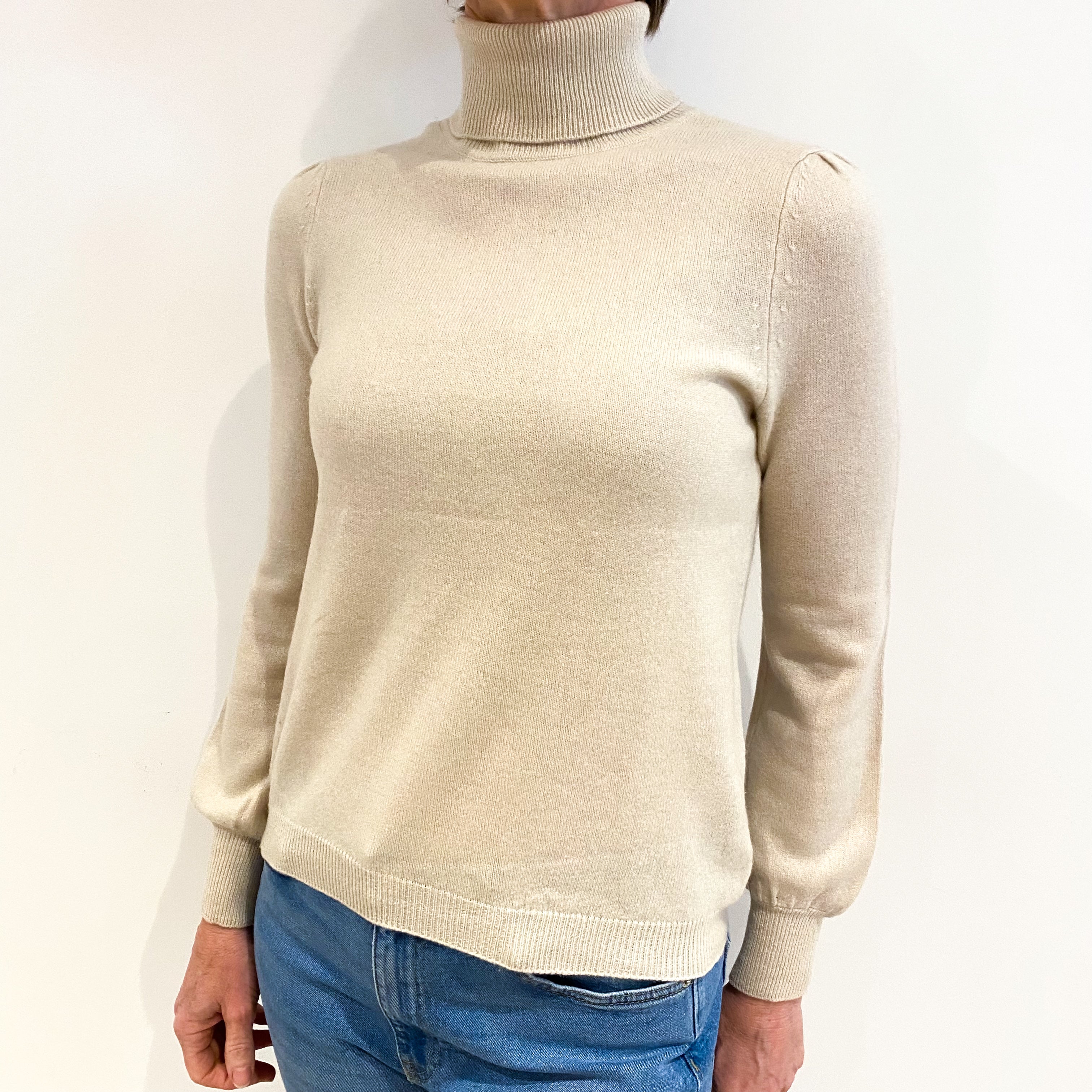 Oatmeal Beige Cashmere Polo Neck Jumper Small