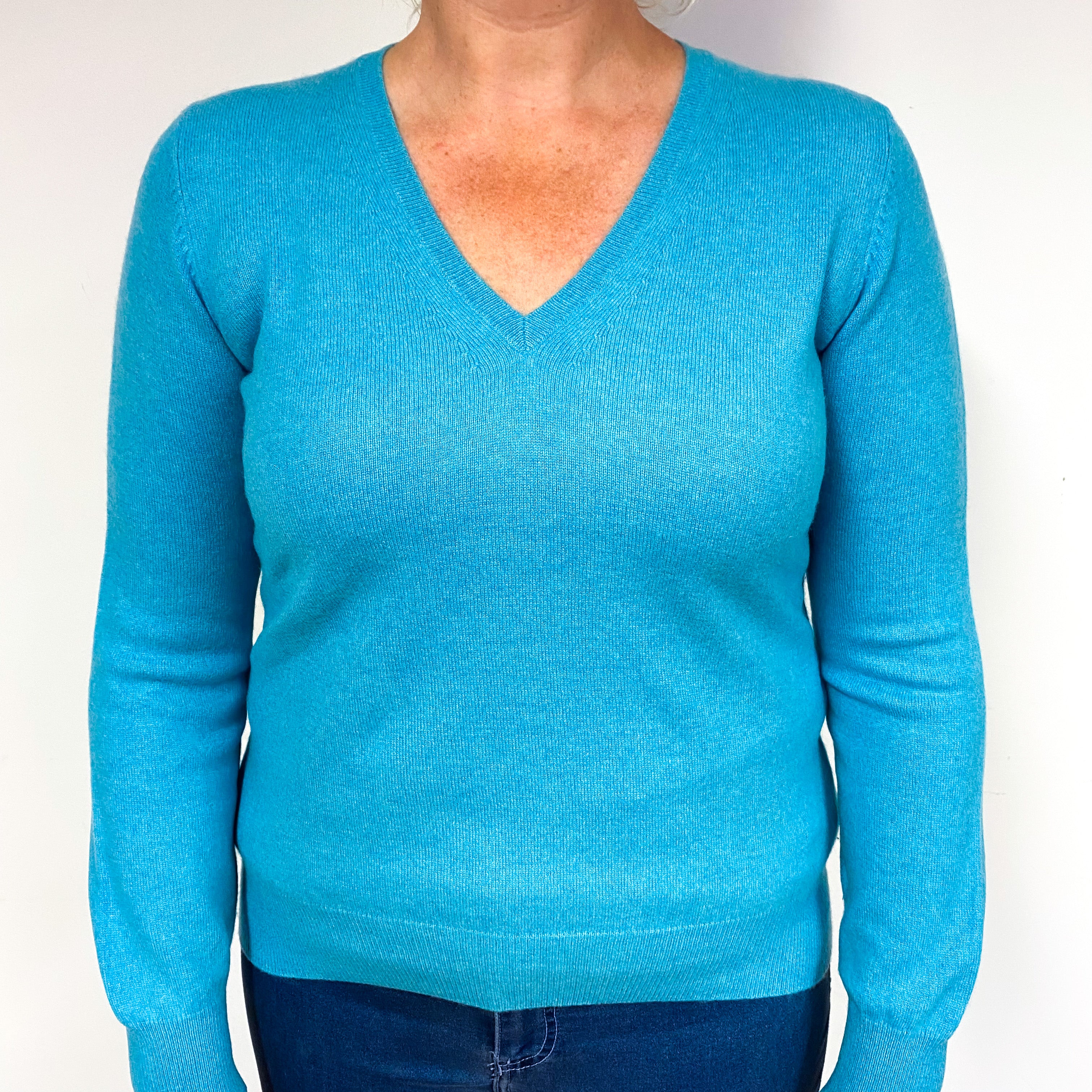 Turquoise Blue Cashmere V-Neck Jumper Large