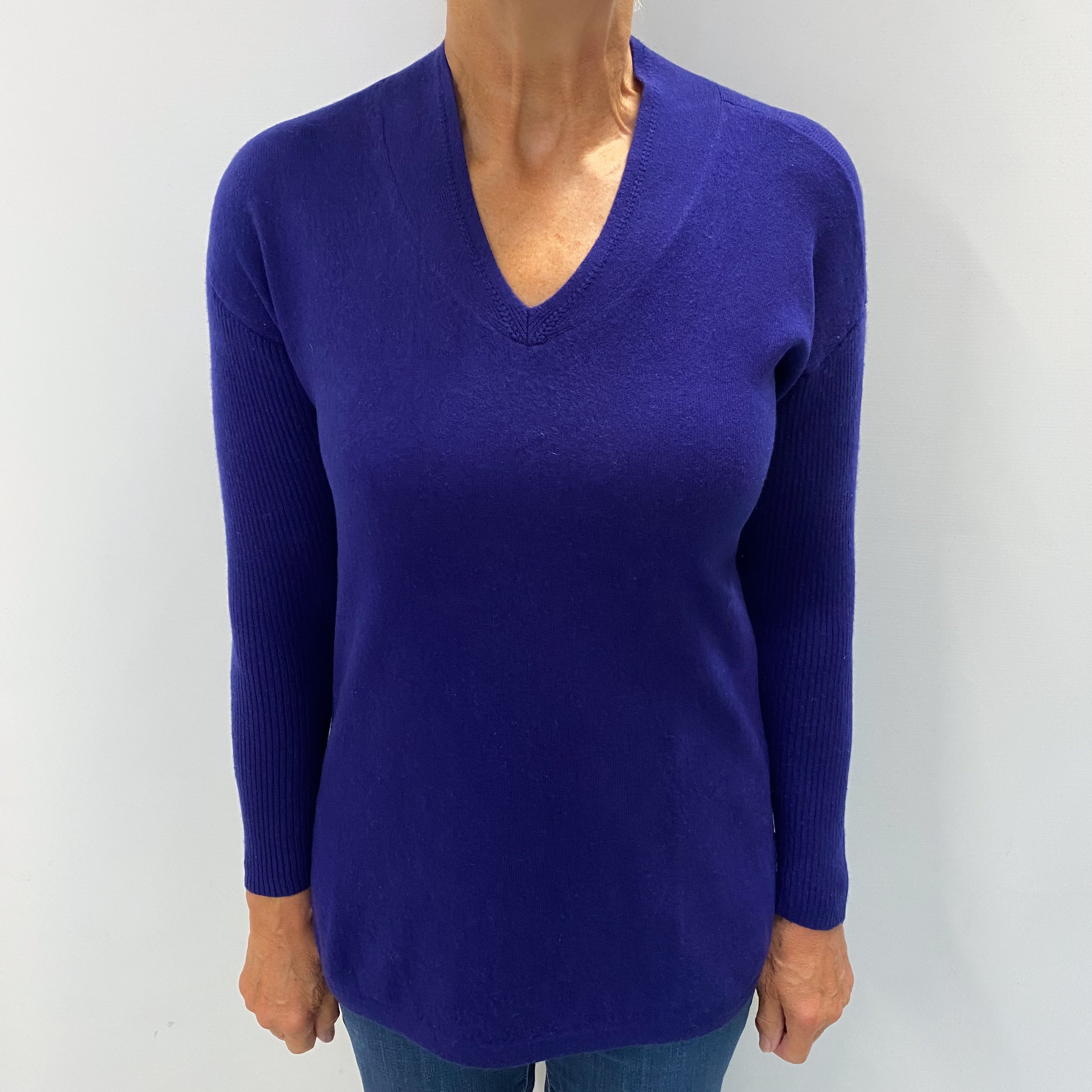 Indigo Blue Cashmere V Neck Jumper Medium