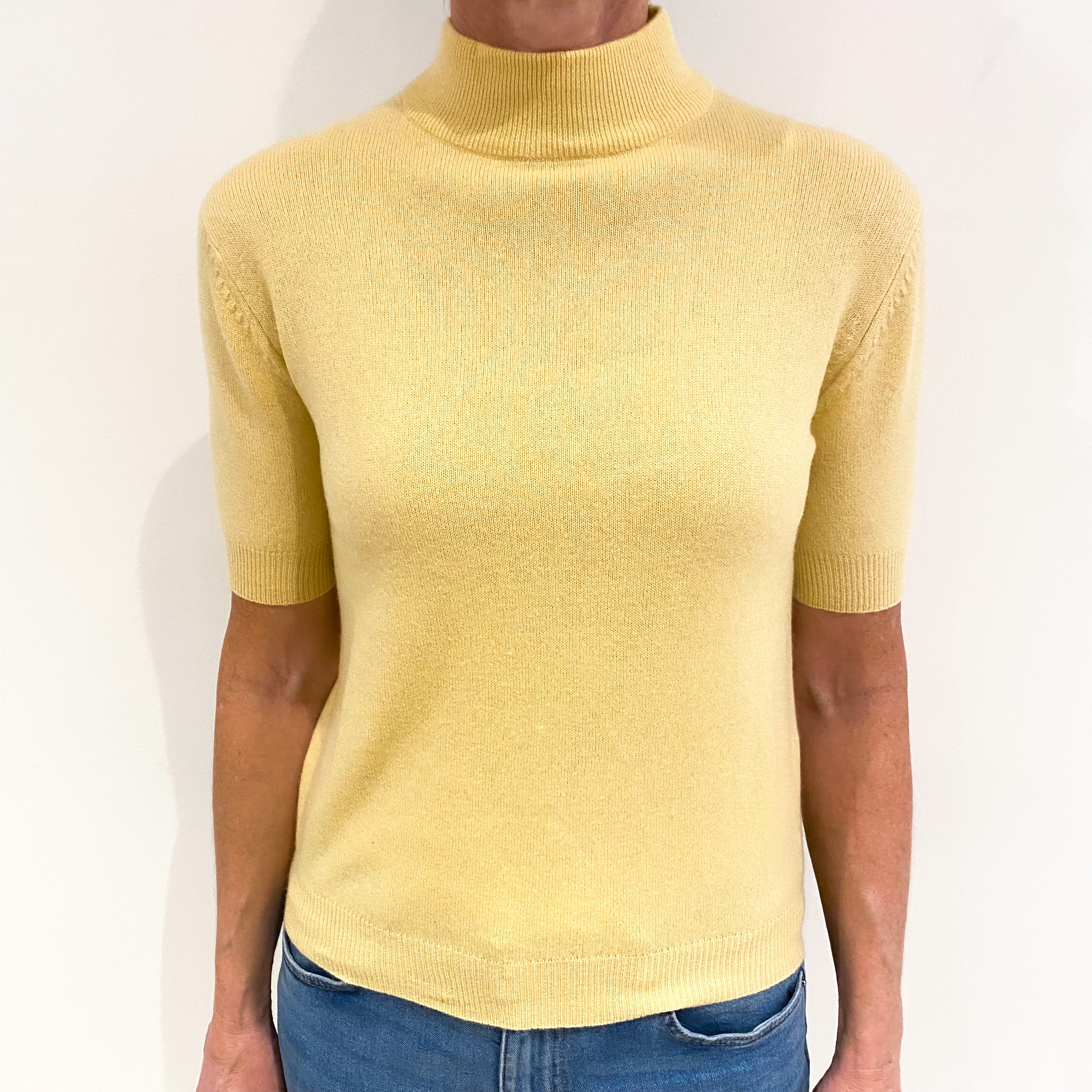 Custard Yellow Cashmere Short Sleeve Turtle Neck Jumper Small