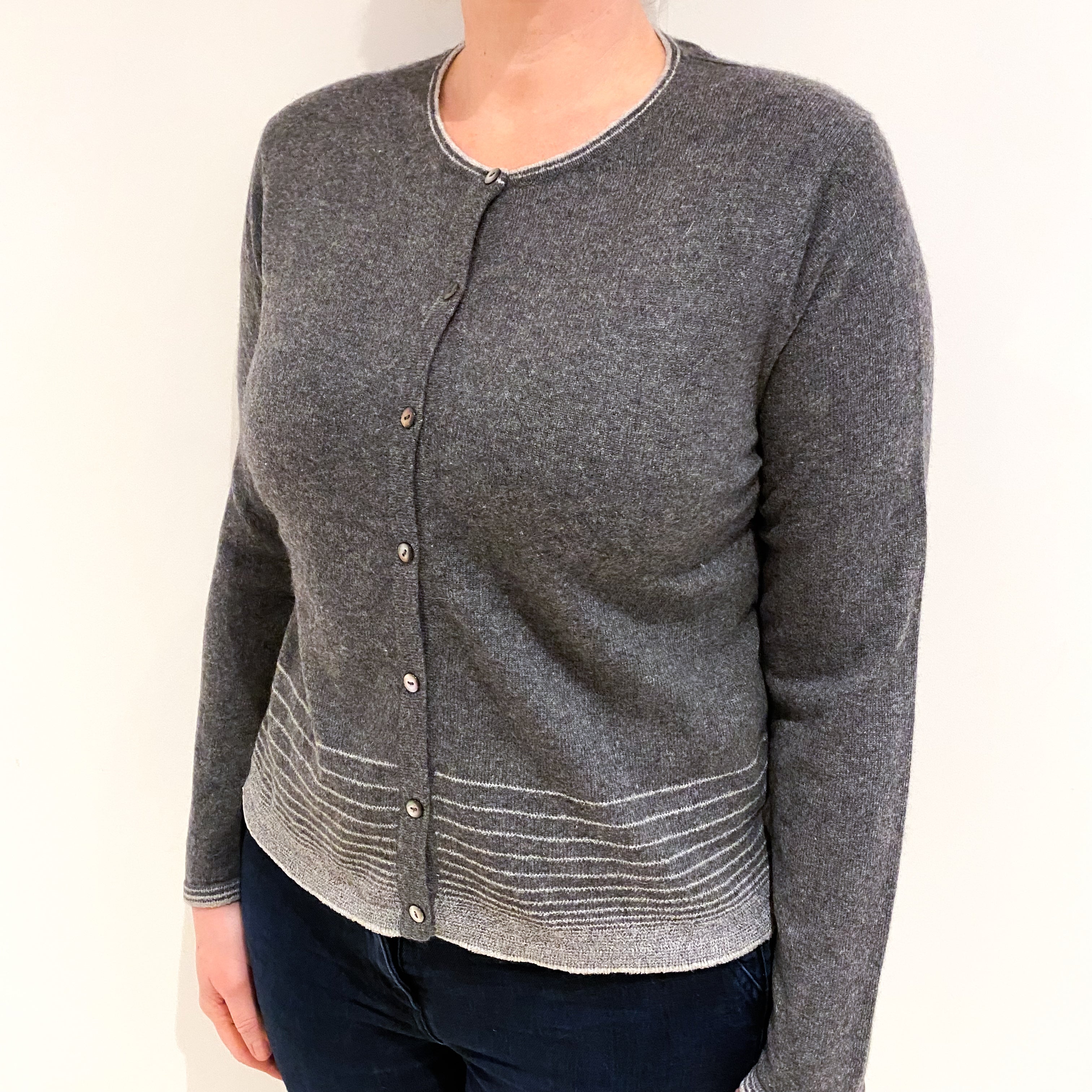 Italian Ash Grey Cashmere Crew Neck Cardigan Large