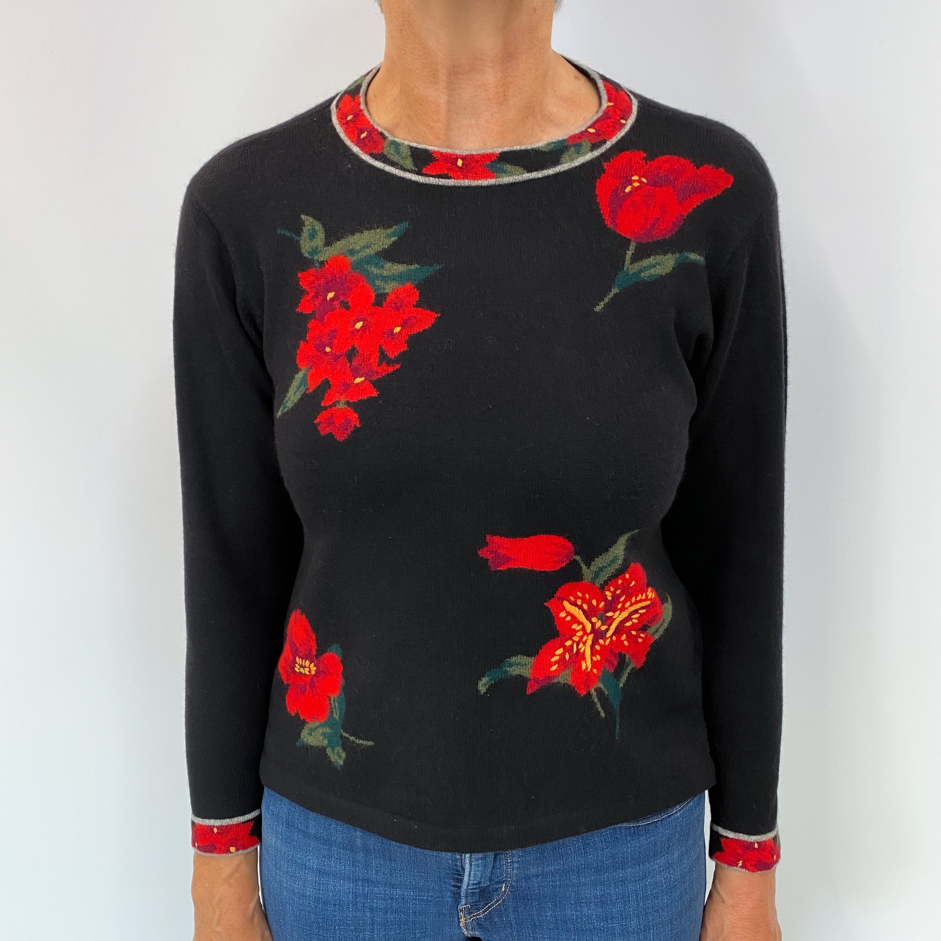 Black Floral Cashmere Crew Neck Jumper Medium